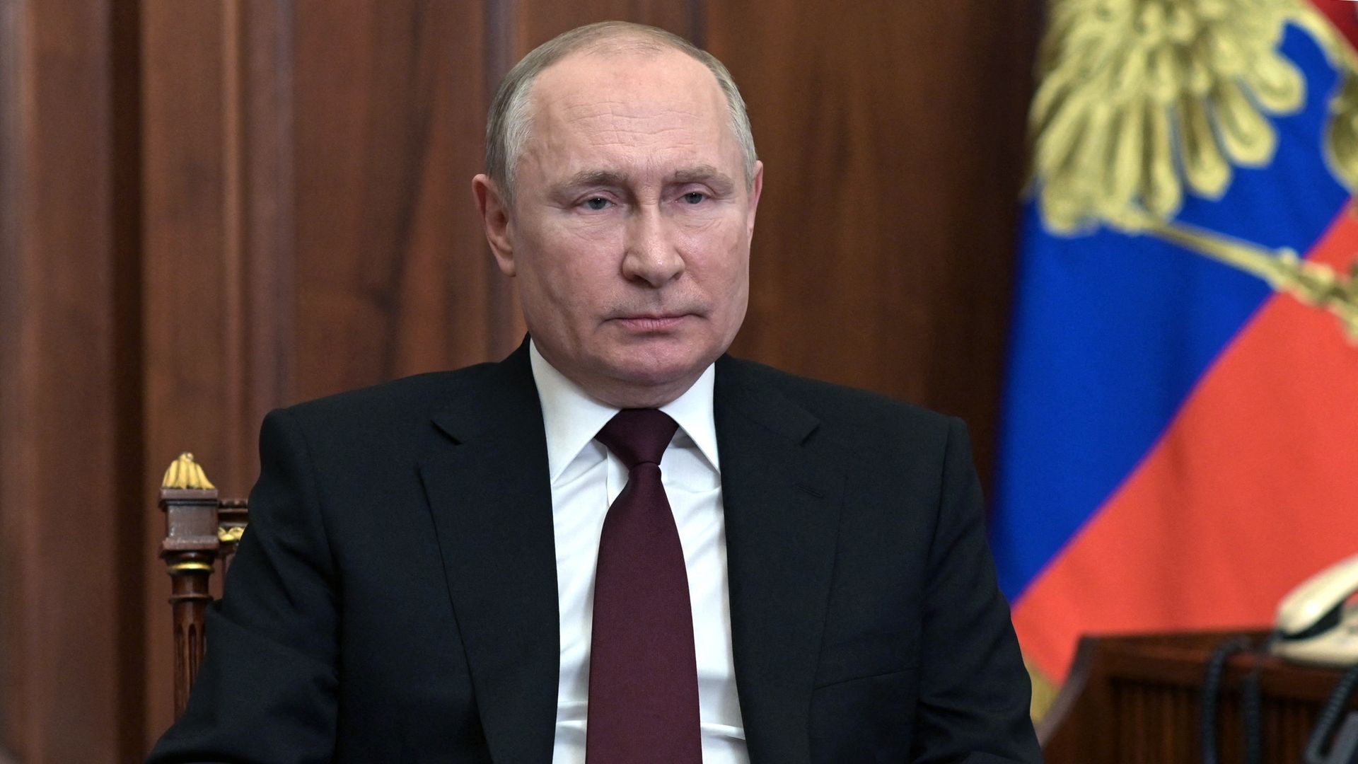Russian President Vladimir Putin speaks during his address to the nation at the Kremlin in Moscow on February 21