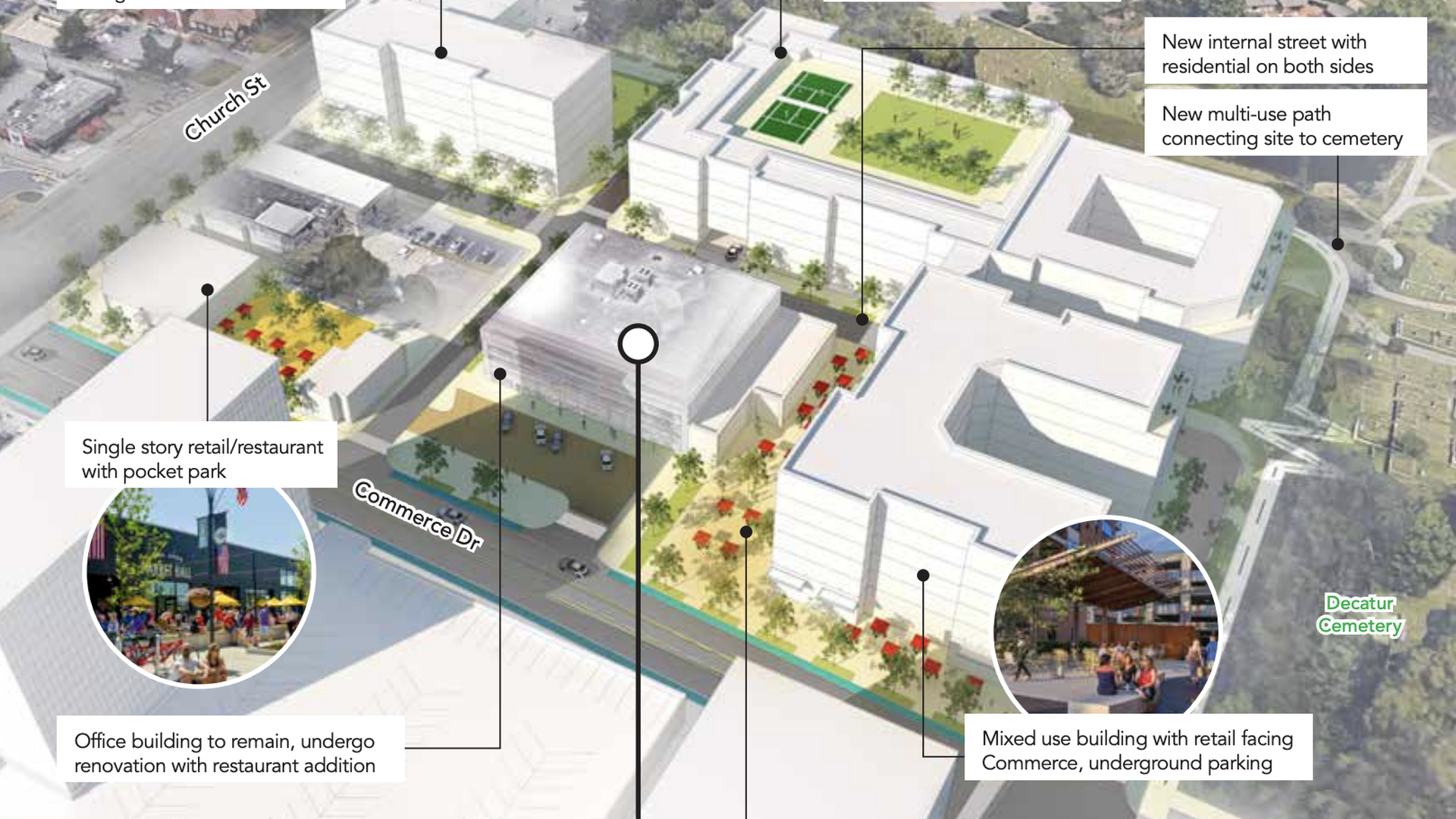A rendering of an old Kroger site that's been redeveloped into a mixed-use district with mid-rise buildings, open space and patios
