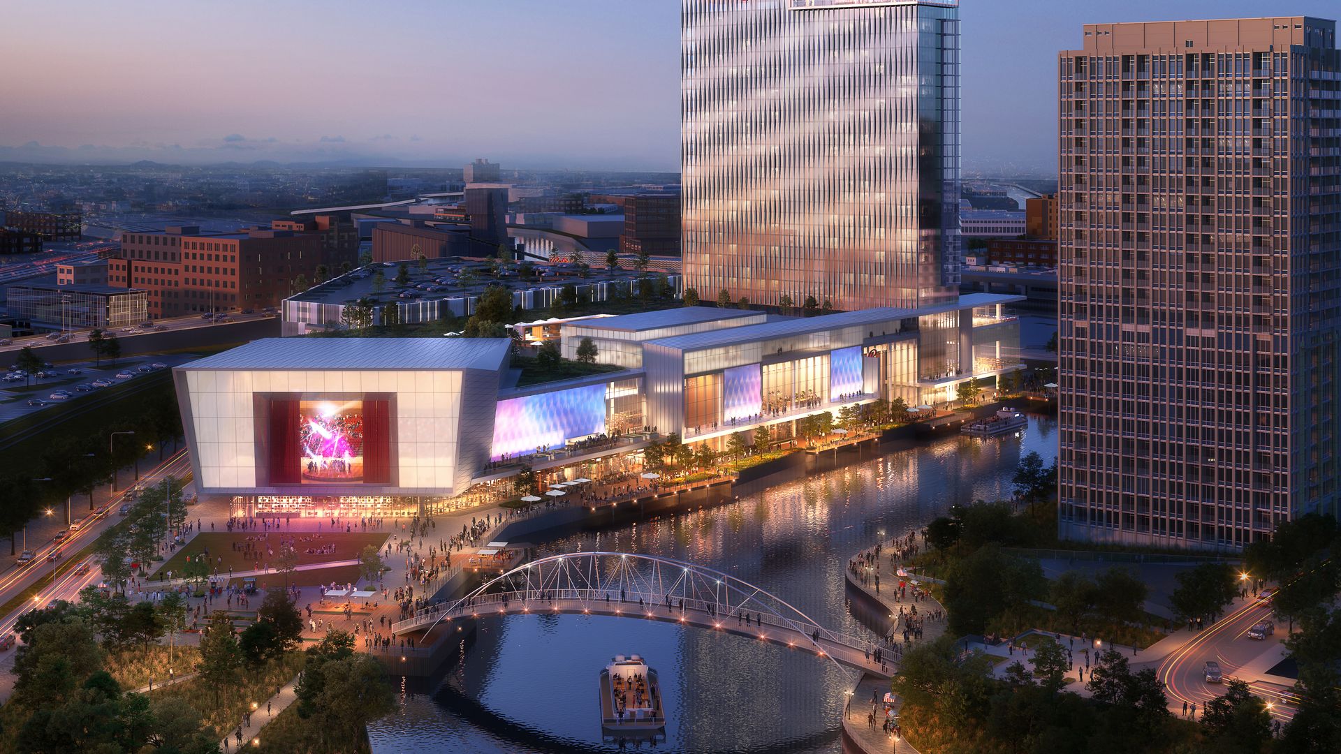 Rendering of a casino and hotel along a river.
