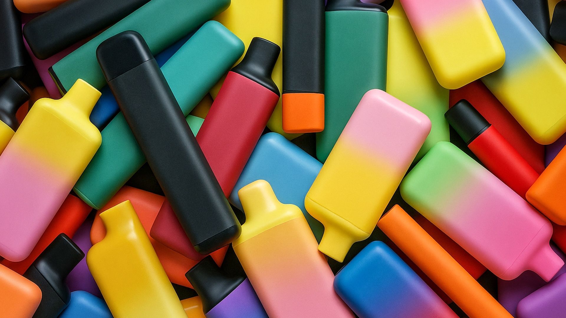 A bright, chaotic pile of colorful vapes, arranged in a vivid abstract collage of yellow, pink, green, blue, orange, and red.