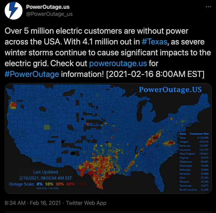Screenshot from the Twitter feed of poweroutage.us that shows a U.S. map with mostly Texas highlighted