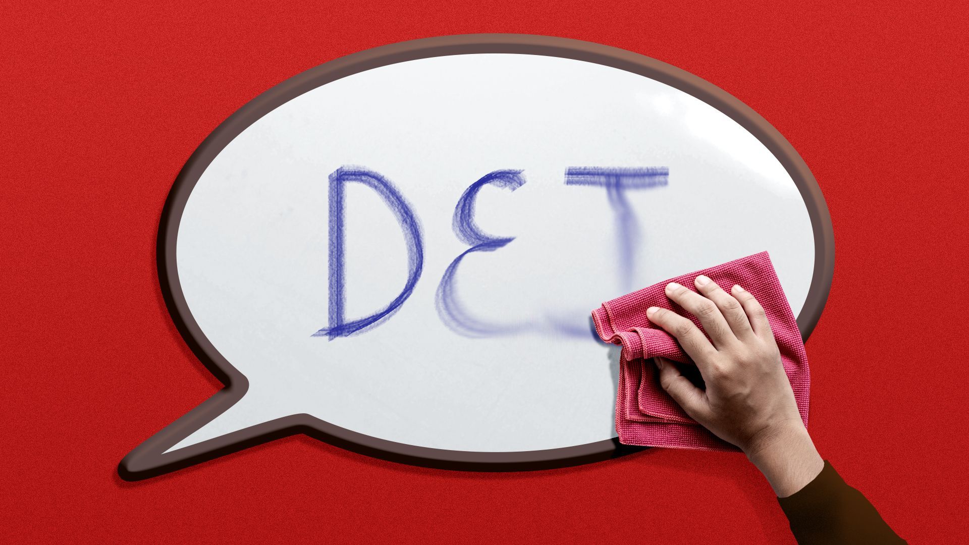 Illustration of a hand erasing the letters DEI from a whiteboard shaped like a speech bubble.