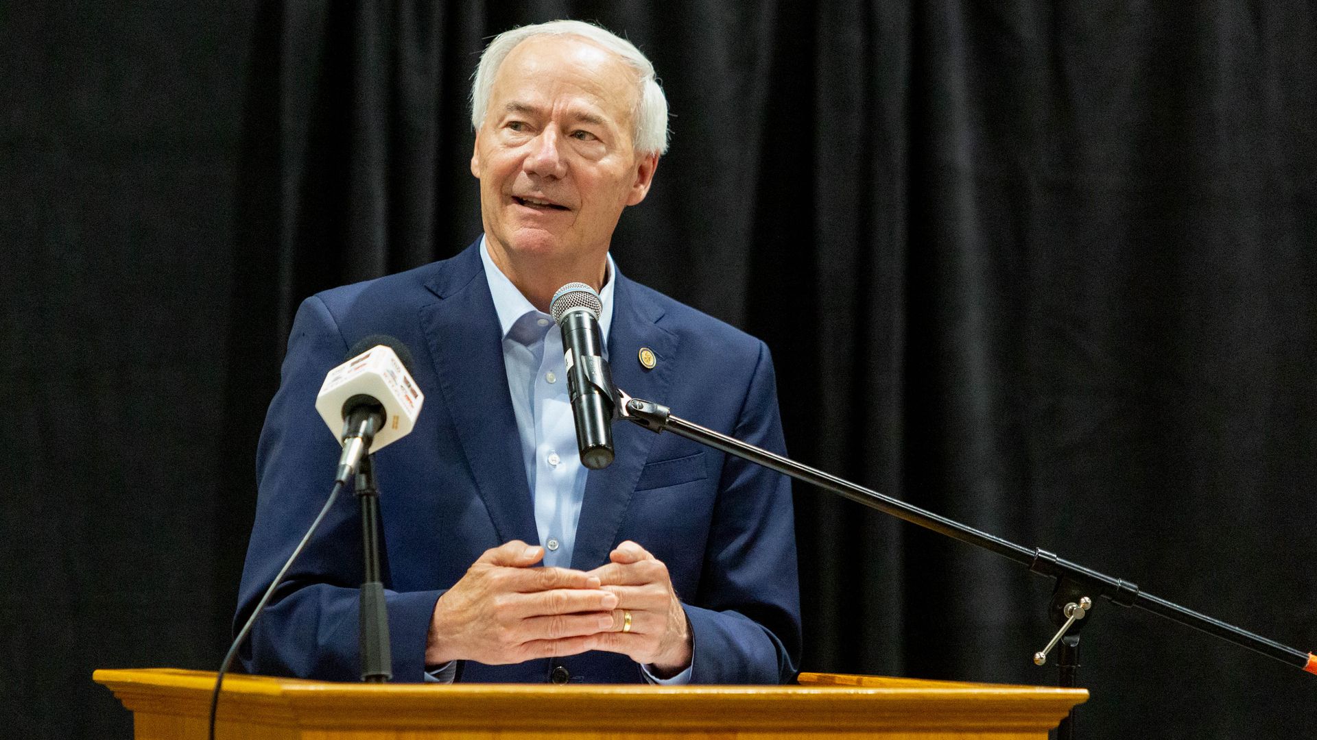 Asa Hutchinson, governor of Arkansas, during a  town hall to promote Covid-19 vaccinations at Arkansas State University Mountain Home (ASUMH) in Mountain Home, Arkansas, U.S., on Monday, July 16.