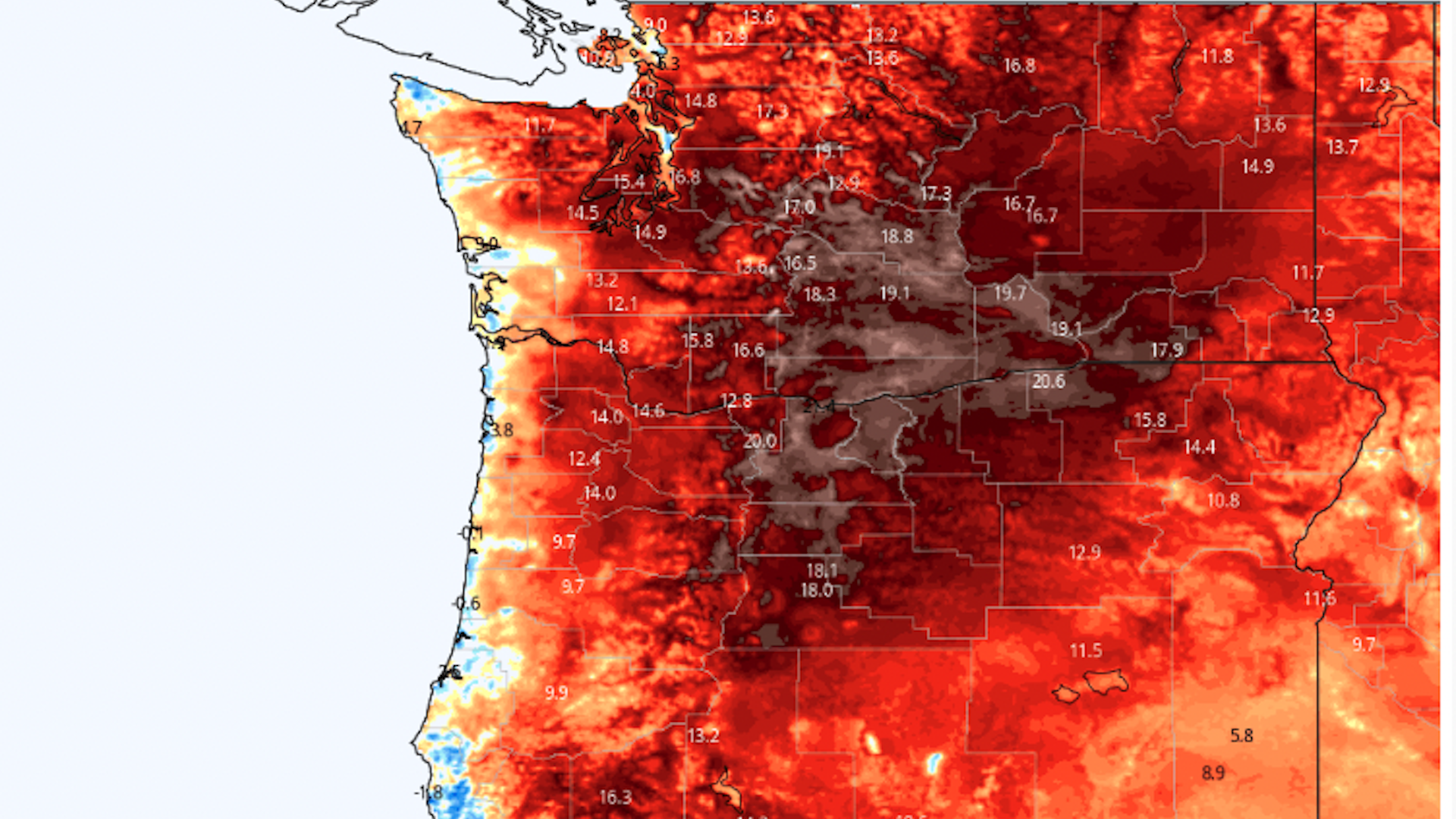 Computer model projection of temperature departures from average on Tuesday, July 27, 2022.