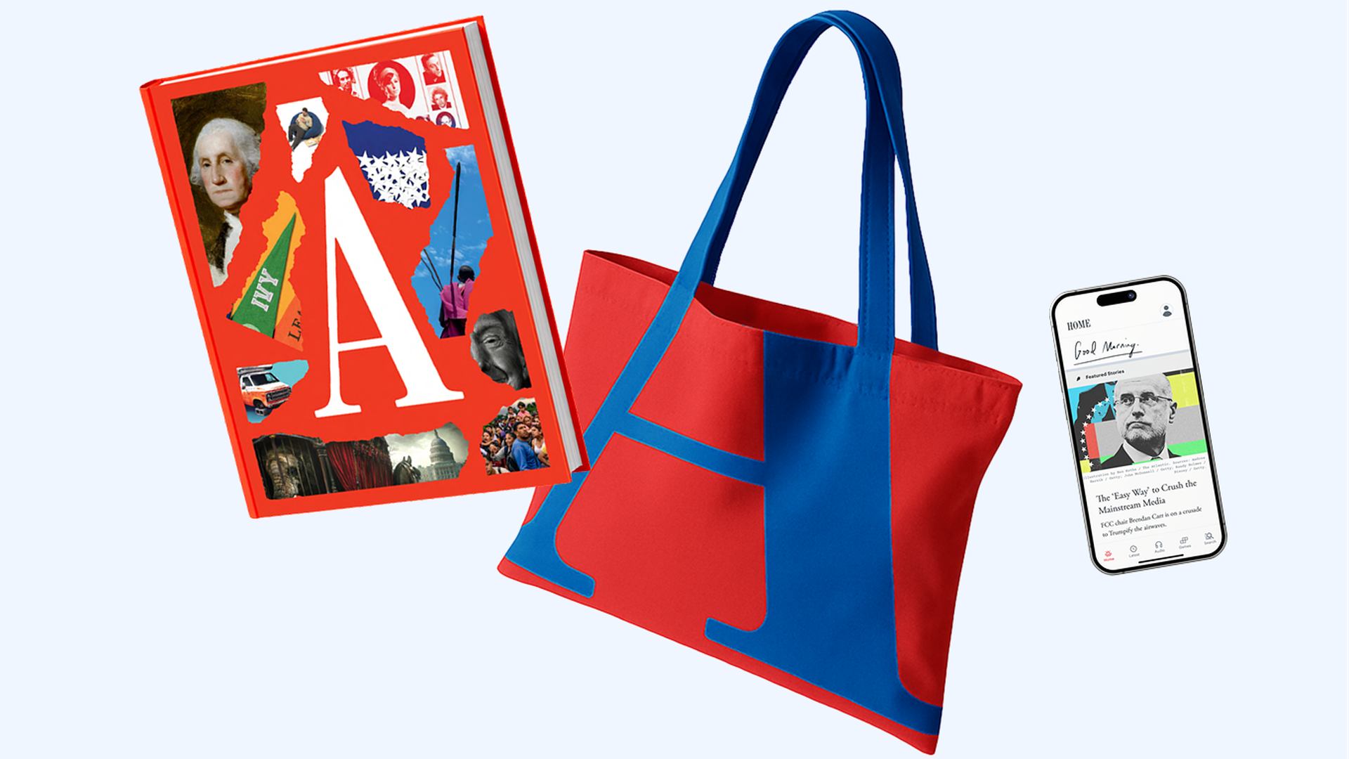 Red magazine with collage and large white A, red and blue tote bag with large blue A, and smartphone showing a news article on a light background.