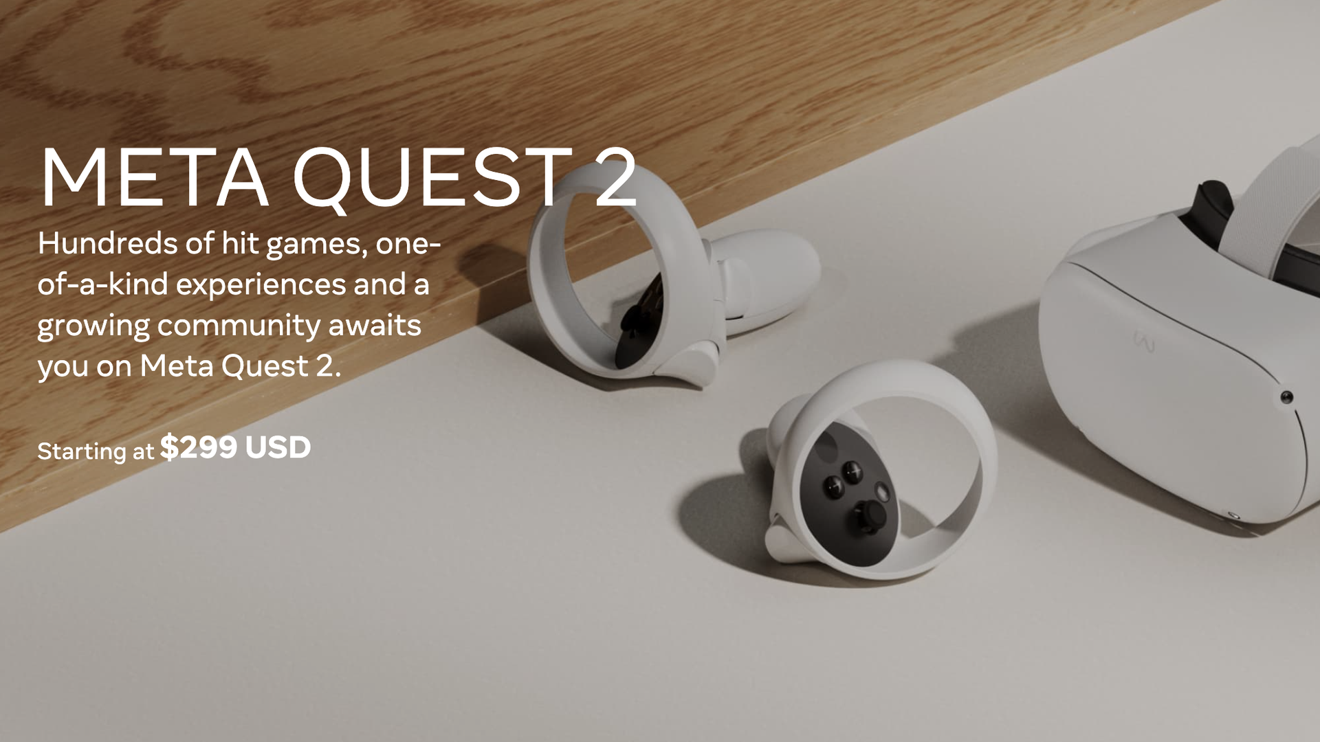 Screenshot of a white virtual reality headset on a table. Text on the image indicates the headset costs $299