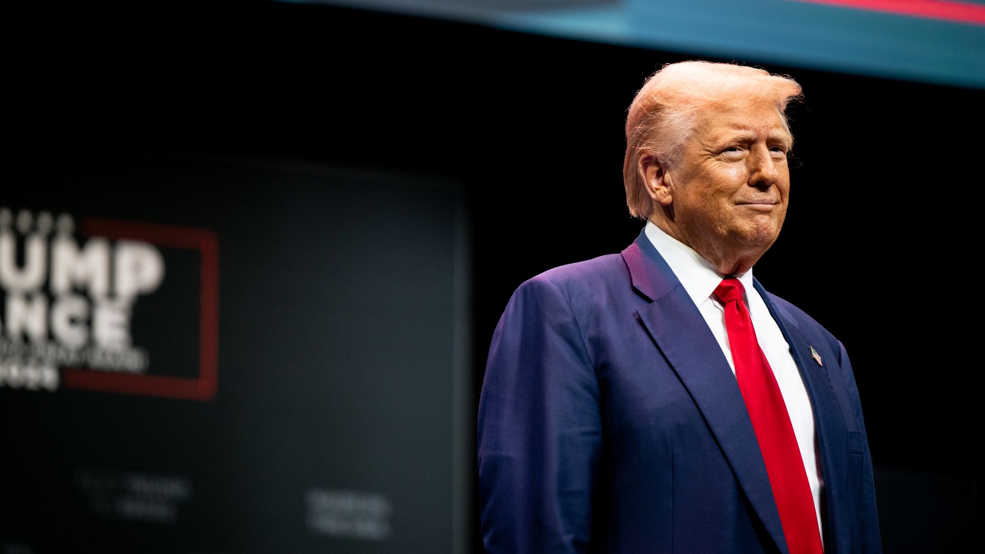  Republican presidential nominee, former U.S. President Donald Trump arrives during a campaign rally at the Johnny Mercer Theatre on September 24, 2024 in Savannah, Georgia. 