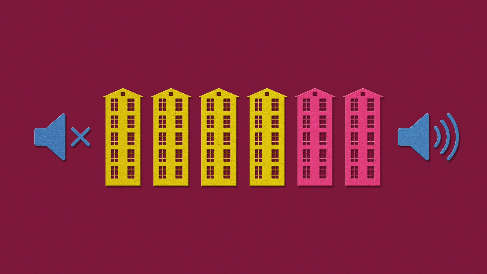 Illustration volume settings using buildings as bar graph to indicate level of volume.
