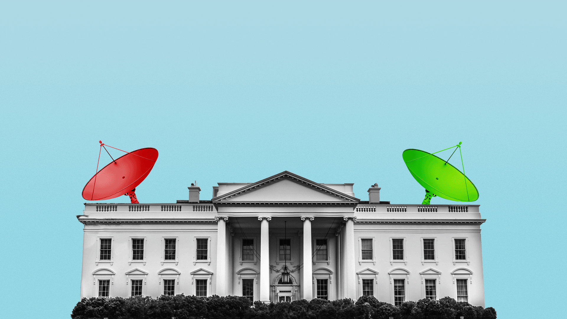 Illustration of a red and green satellite dish on either end of the White House roof. 
