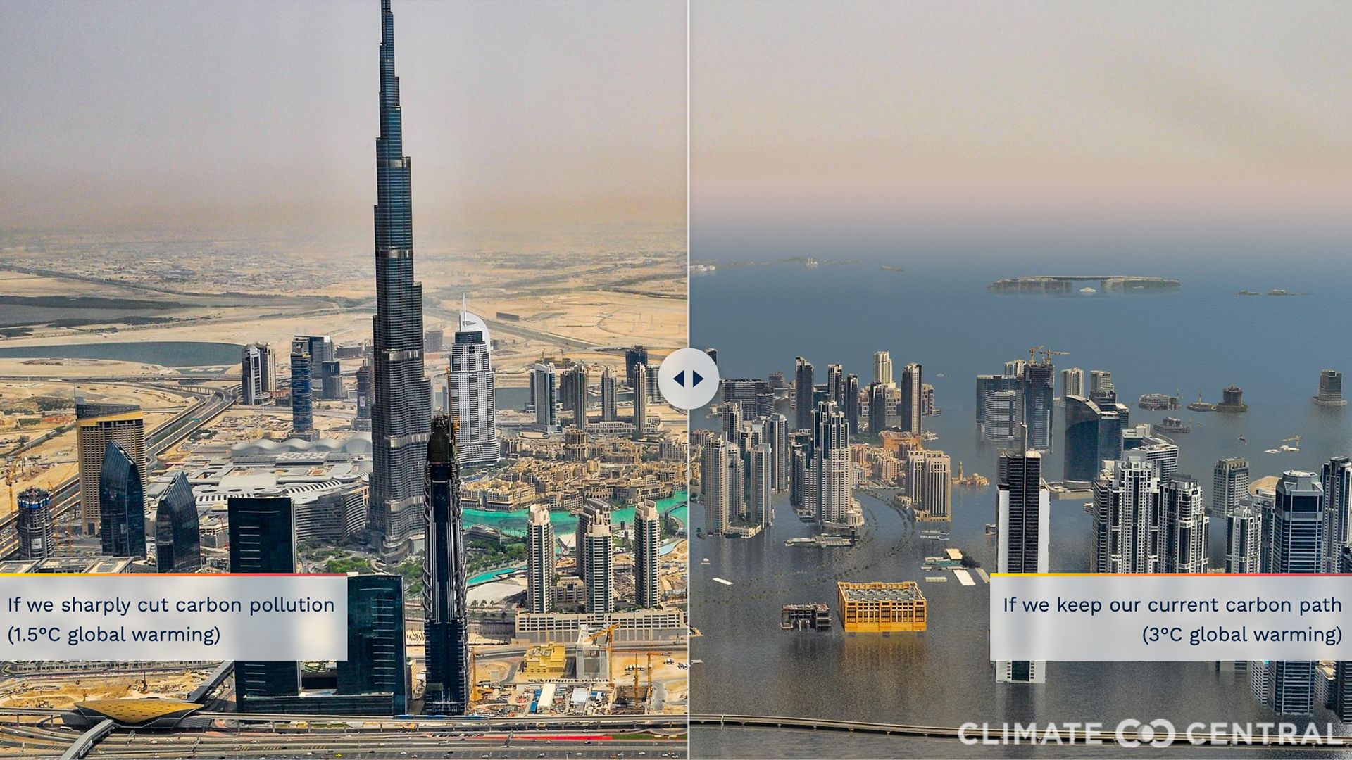 Scenarios for sea level rise in Dubai under 1.5-degrees of warming versus 3-degrees.
