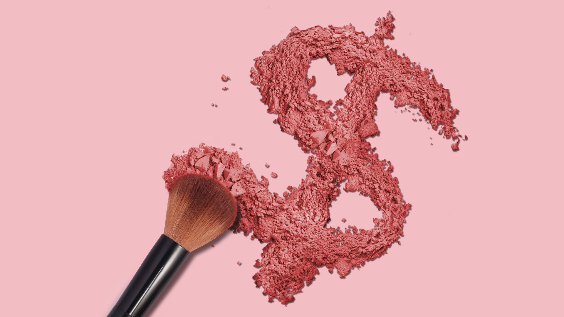illustration of loose pink makeup powder in shape of a dollar symbol next to a makeup brush