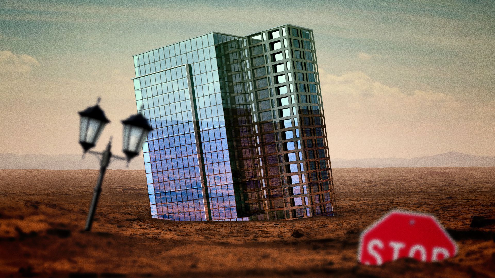 Illustration of a skyscraper, stop sign, and street lamp sunken into the ground.