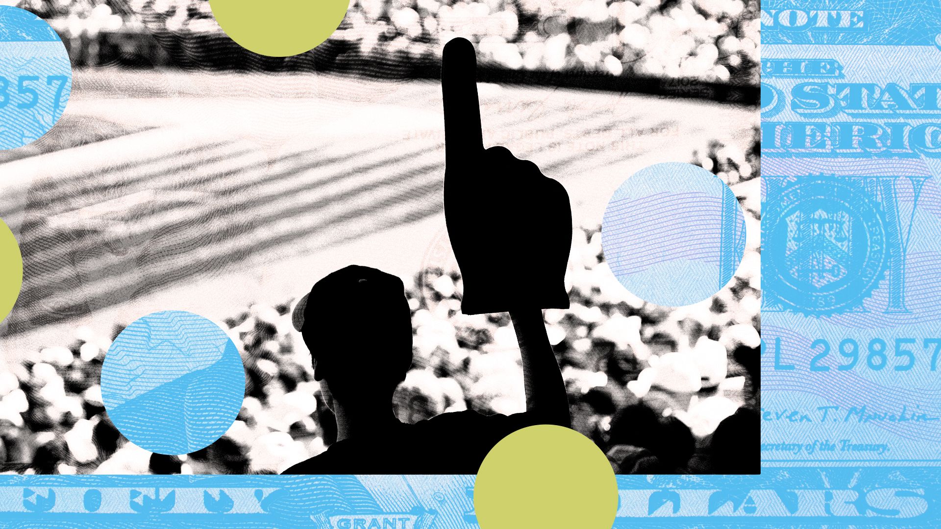 Illustration of a sports fan with a foam finger surrounded by circles and money elements.