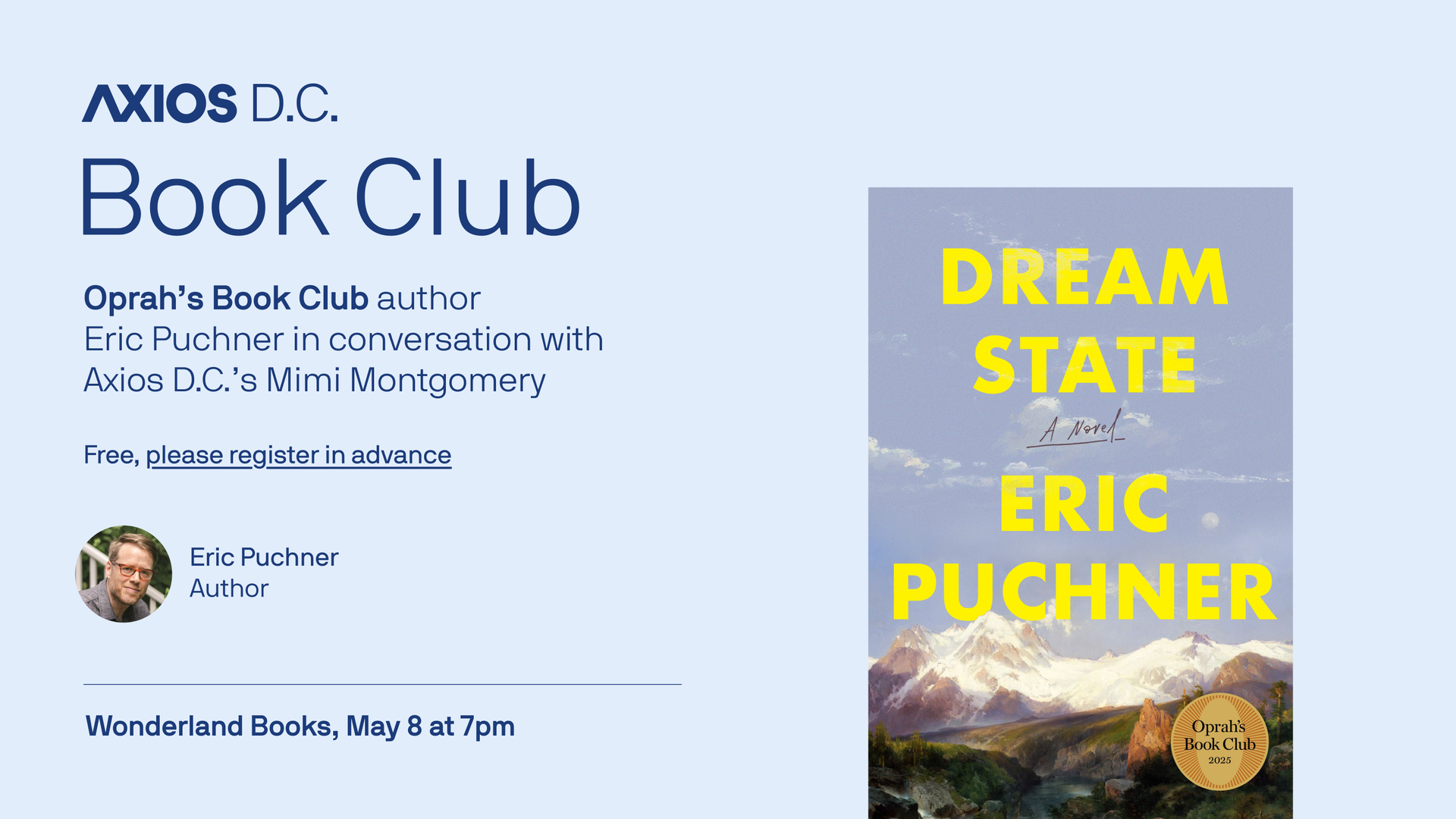 A flyer advertising Axios D.C.'s book club event with author Eric Puchner.