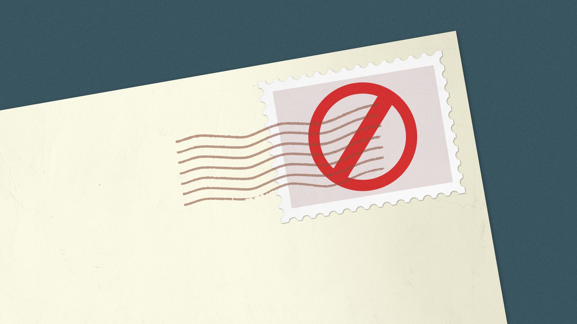 Illustration of an envelope with a stamp that has the "No" symbol.