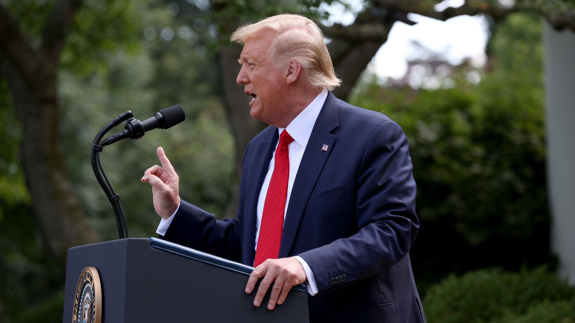 U.S. President Donald Trump delivers remarks in the Rose Garden.
