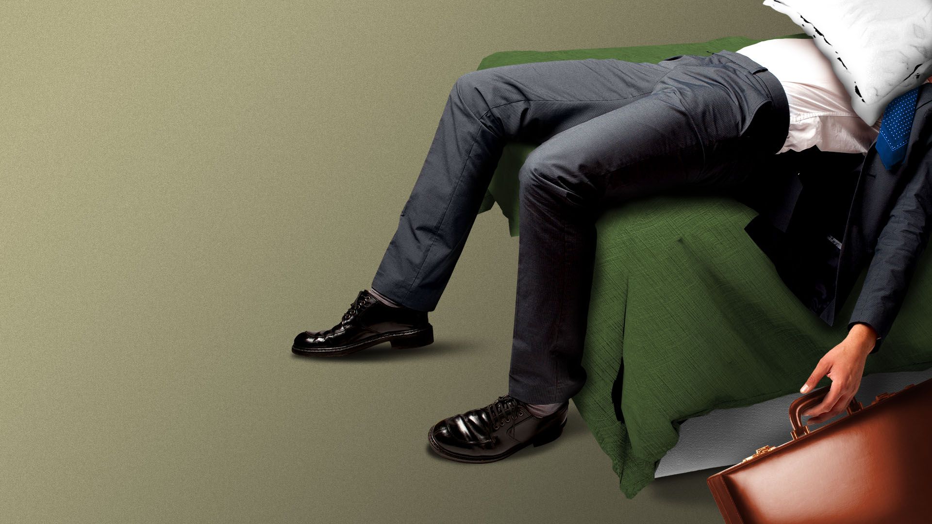 Illustration of a businessman lying on a bed with a pillow over his face