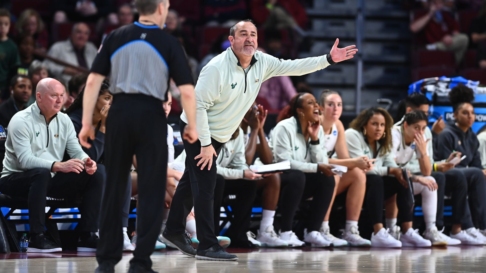 USF coach Jose Fernandez stands on a sideline, extending his left arm while facing the court