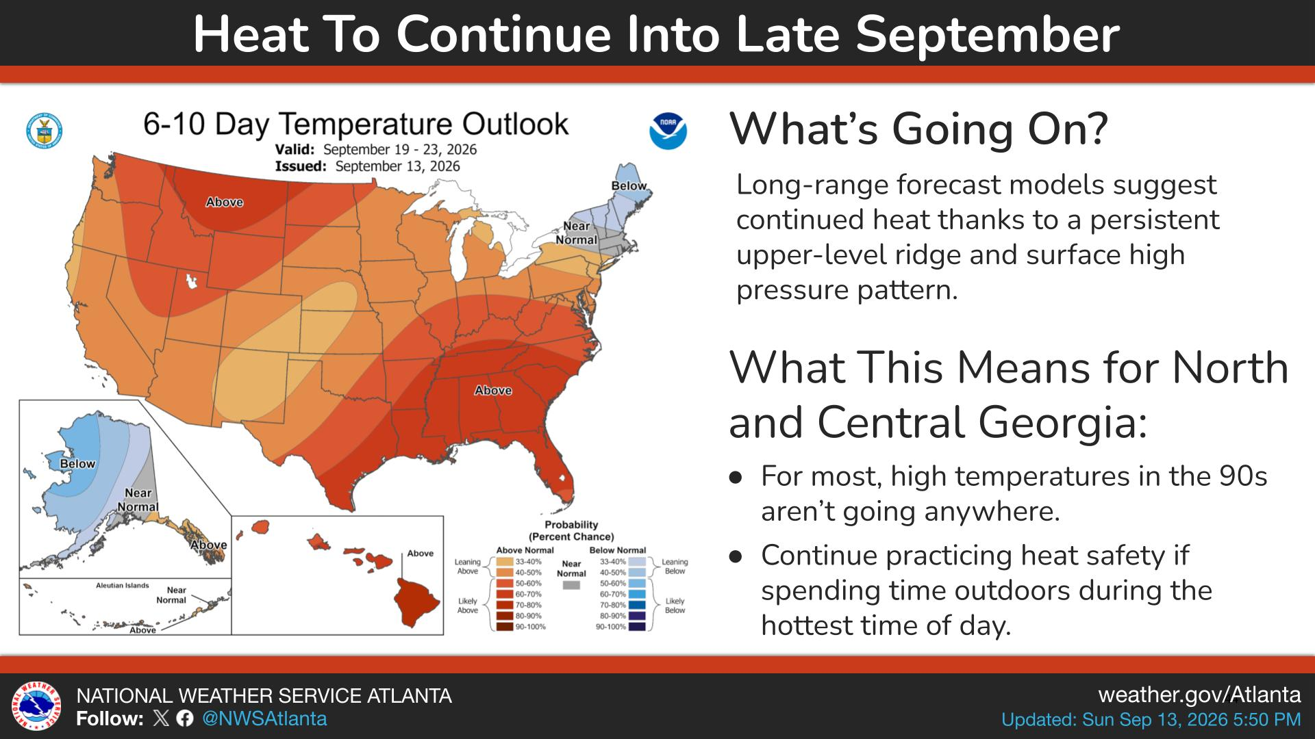 Infographic of the United States showing a 6β10 day temperature outlook with orange to red shading indicating heat; NOAA logo visible and a side panel titled Whatβs Going On? about persistent heat.