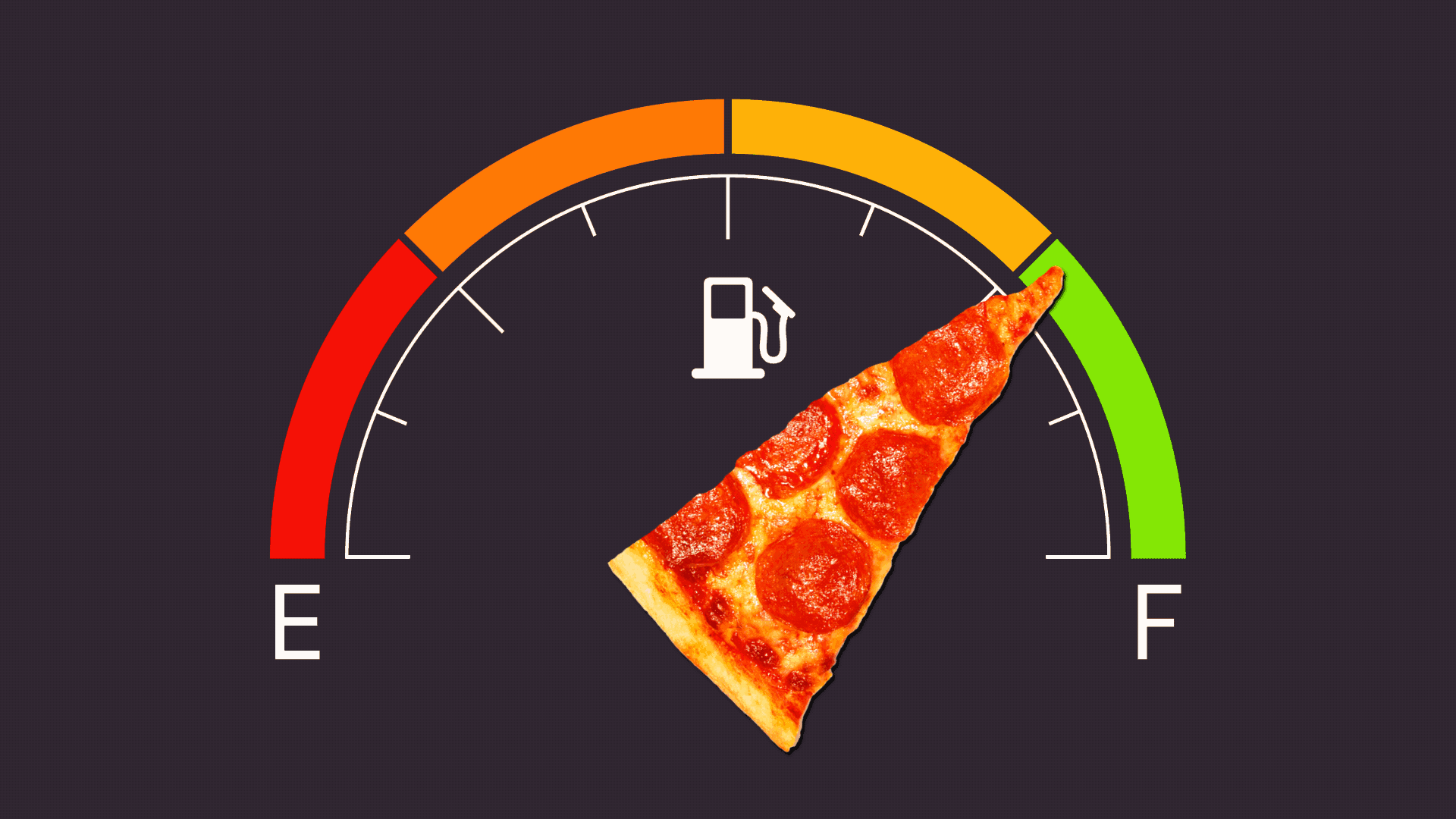 Illustration of a car's gas guage with a slice of pizza instead of a needle. 