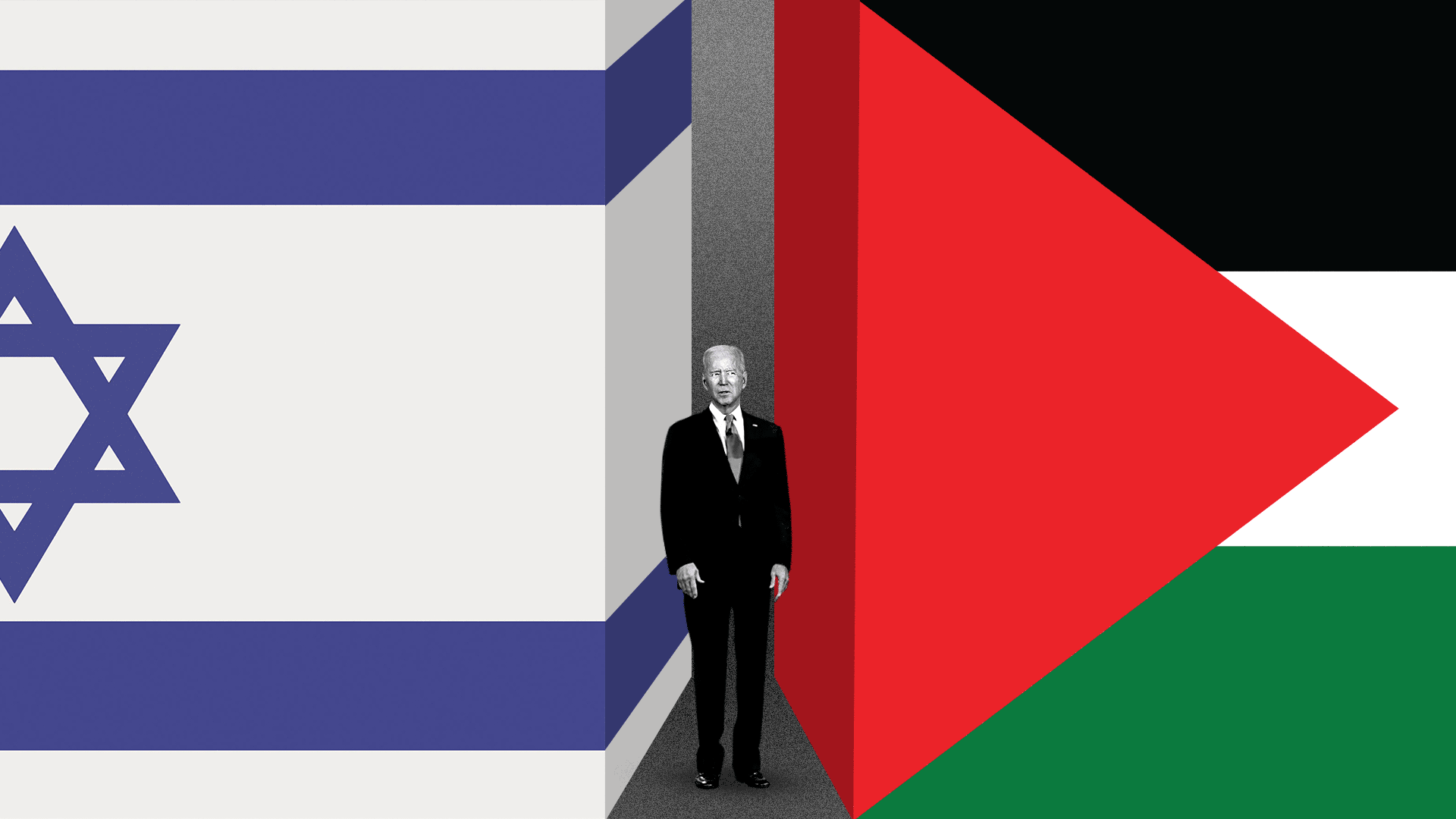 Animated illustration of President Biden being squeezed between a Palestinian and Israeli flag. 