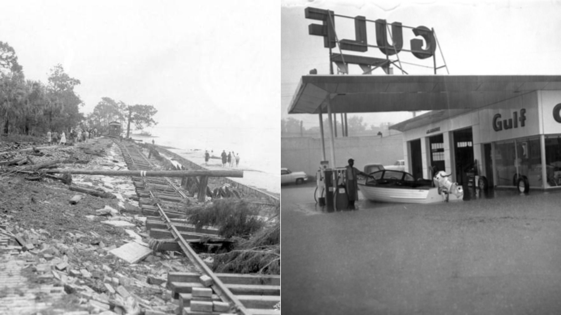 Two black-and-white images, one showing people walking by a damaged railroad, the other showing a man filling up a boat with gas at a flooded gas station with a sign that reads "GULF."
