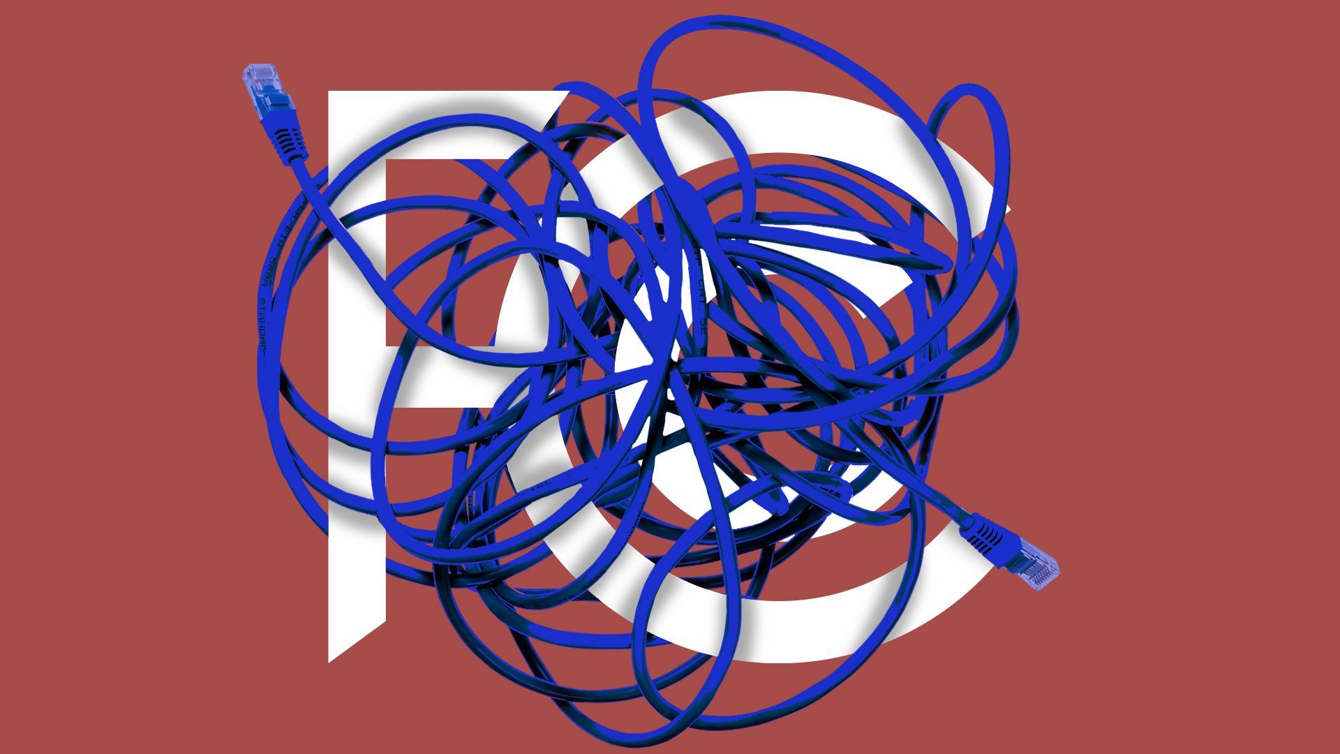 Illustration of the FCC logo tangled in ethernet cable wires.