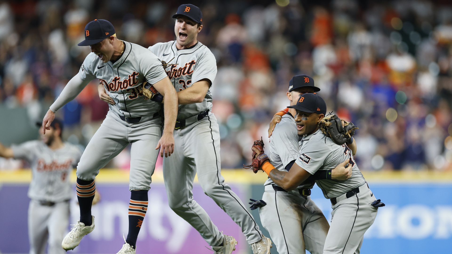 Detroit celebrates after beating the Houston Astros in Game 2 of the wild-card series at Minute Maid Park. 