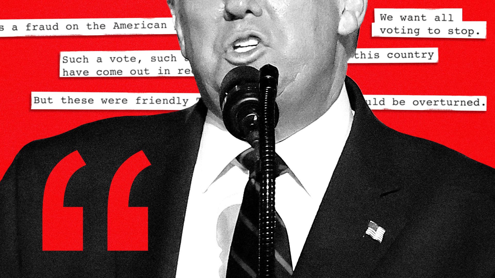 Photo illustration of Donald trump speaking with quotes from his election night speech in the background