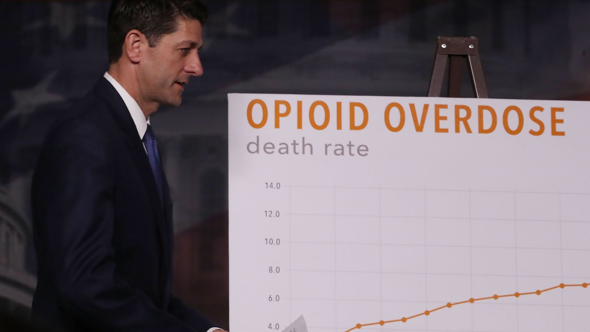 Paul Ryan stands next to a graph depicting an increase in drug overdose deaths.