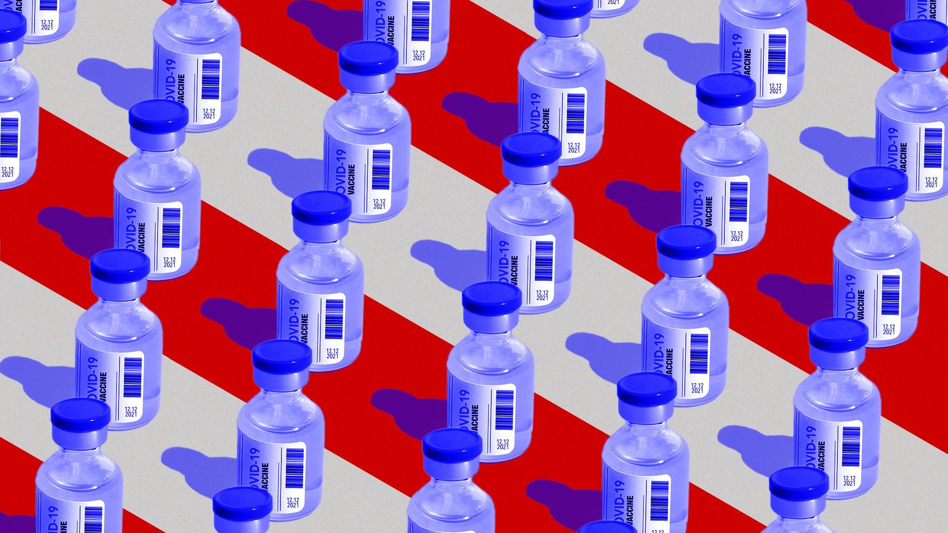 Illustration of pattern of blue Covid-19 vaccine bottles on top of red and white stripes of American flag.