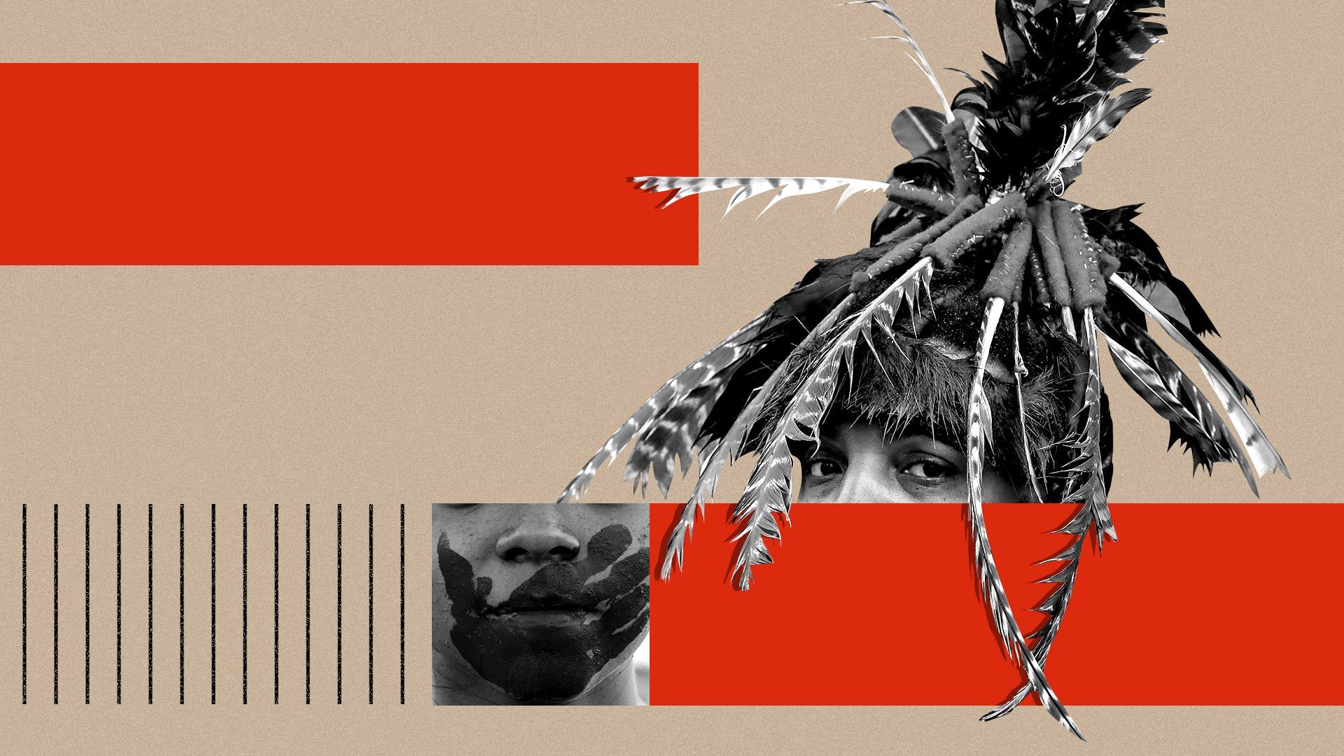 Photo illustrated collage of indigenous peoples and abstract shapes. 