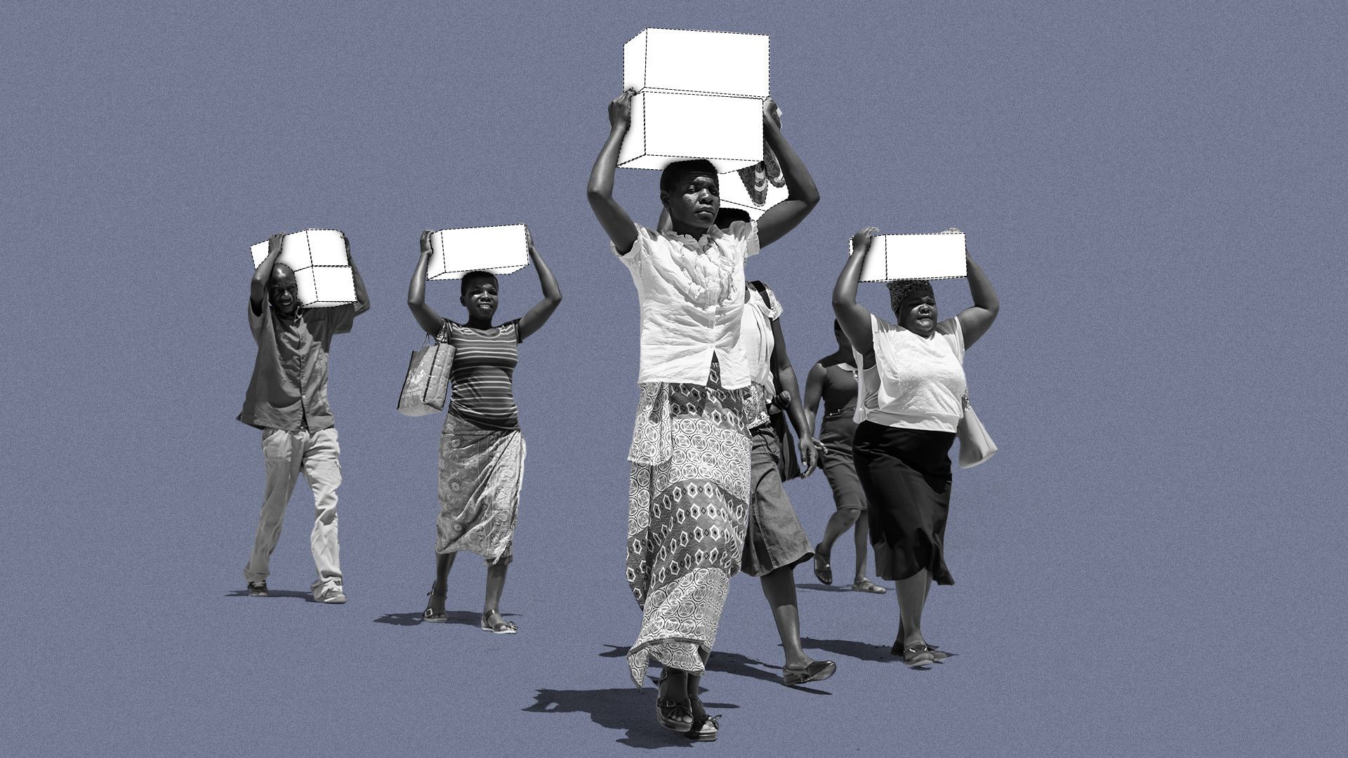Photo illustration of a group of people receiving USAID boxes, but the box shapes are made out of dotted lines.
