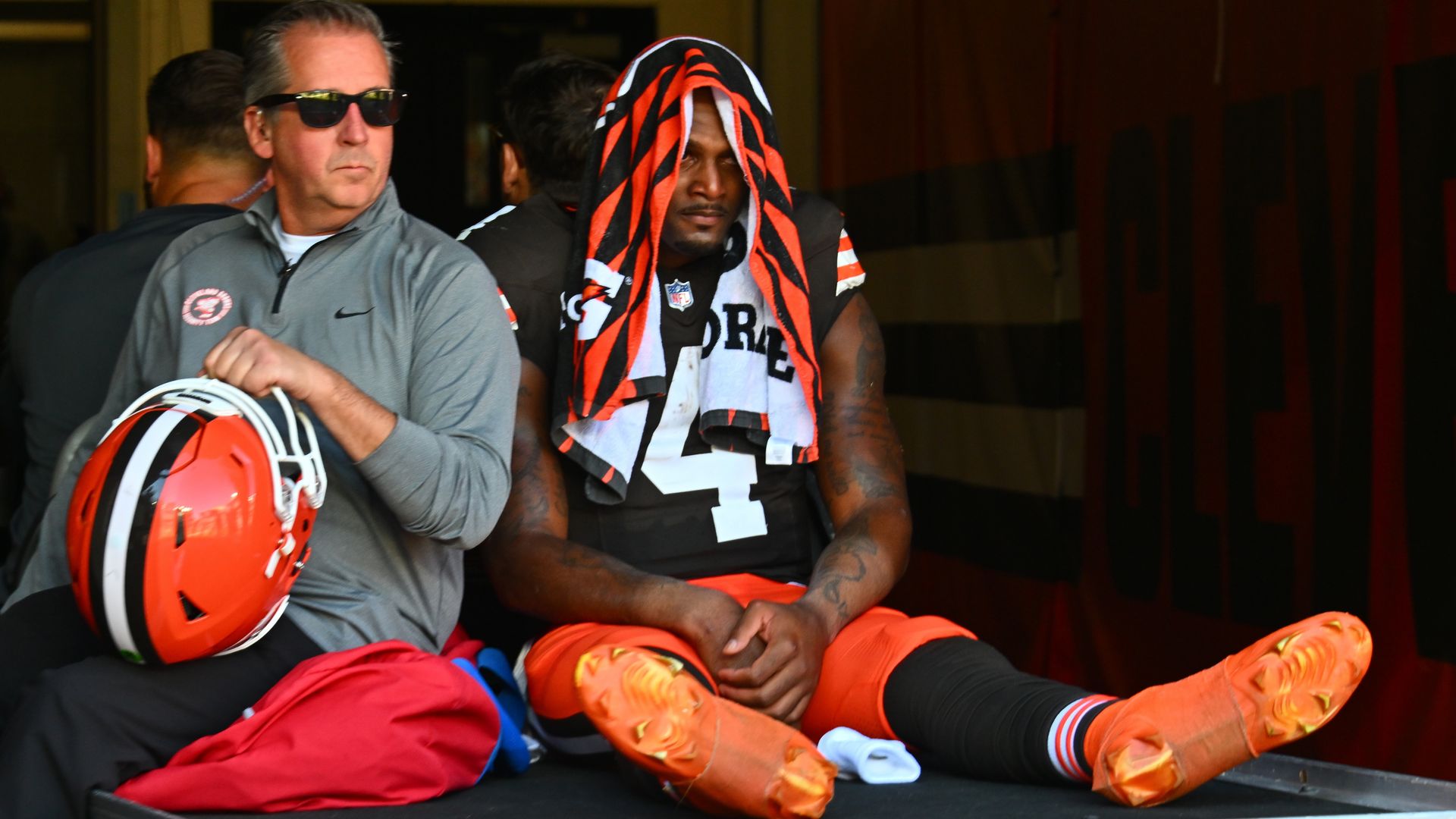 Deshaun Watson #4 of the Cleveland Browns is taken off the field on a medical cart in the second quarter of a game against the Cincinnati Bengalsat Huntington Bank Field on October 20, 2024.