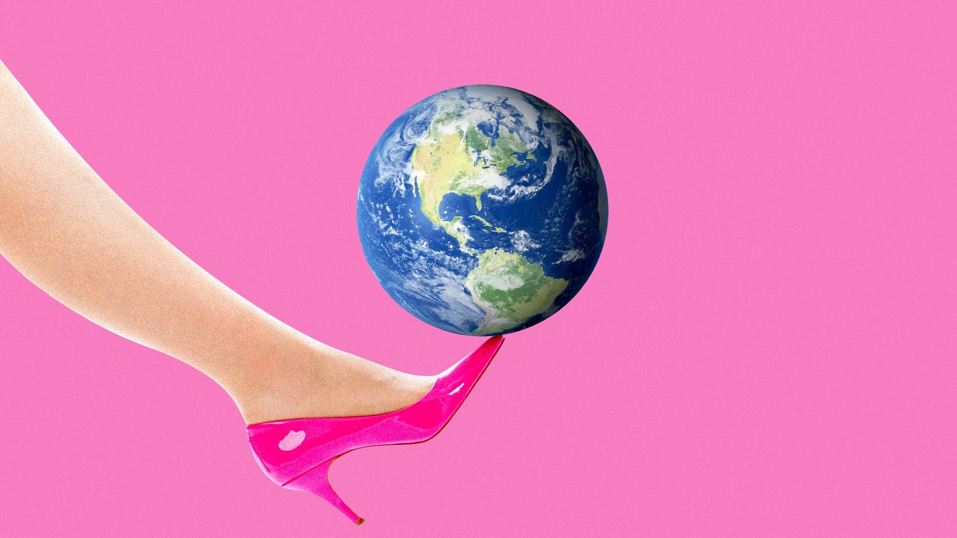 Illustration of a pink high heeled leg balancing the Earth on her toe