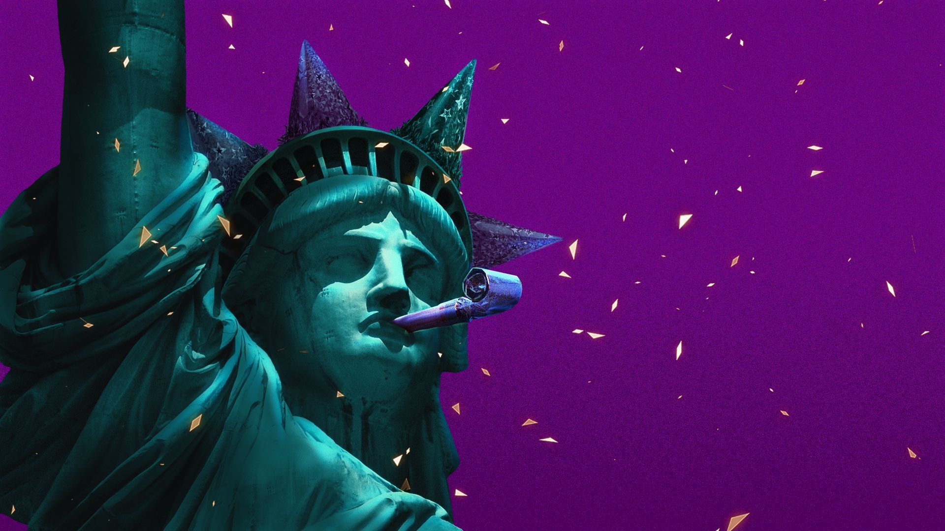 Illustration of the Statue of Liberty wearing party hats and confetti falling. 