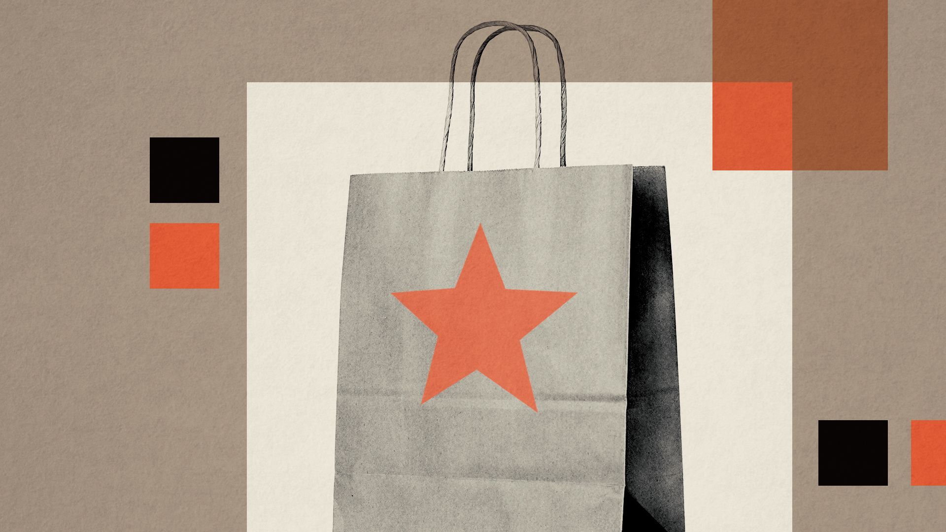 an illustration of a paper shopping bag with a star on it surrounded by colorful squares