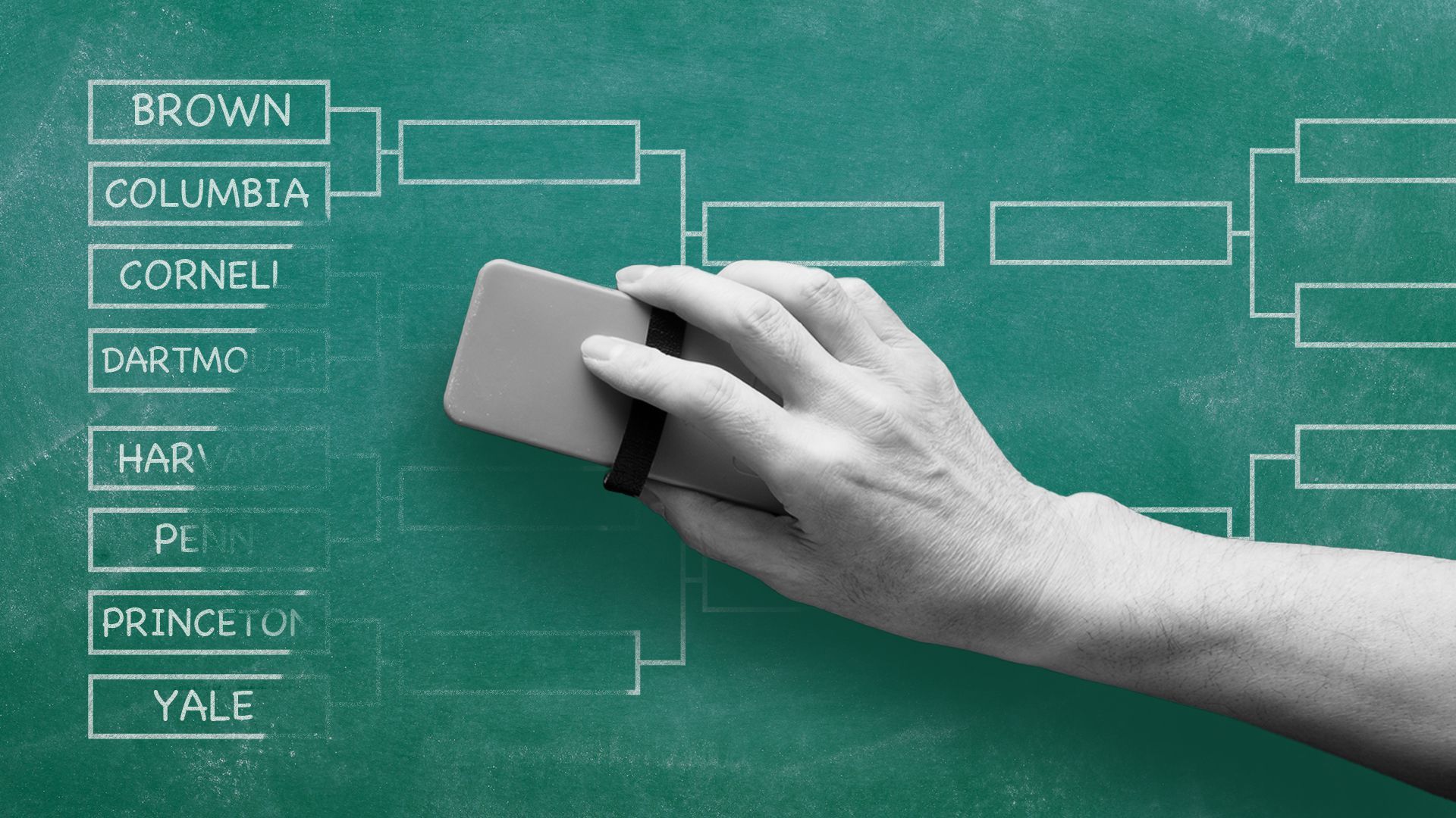 Illustration of a hand erasing a chalkboard bracket of Ivy League lacrosse teams