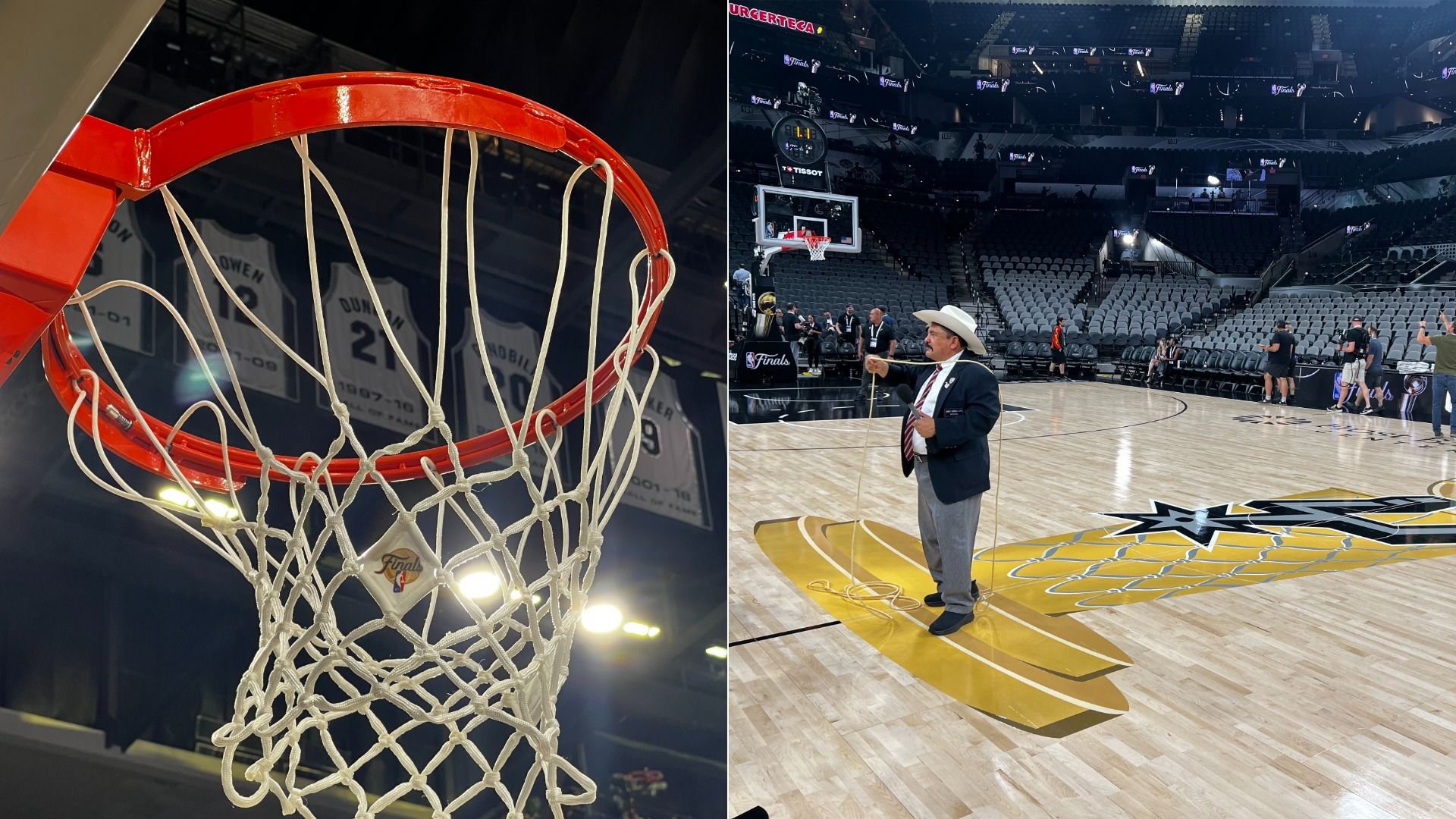 Left: close-up of a red basketball hoop with white net in a dim arena. Right: man in a suit and white cowboy hat holds a lasso on a polished basketball court with empty seats.