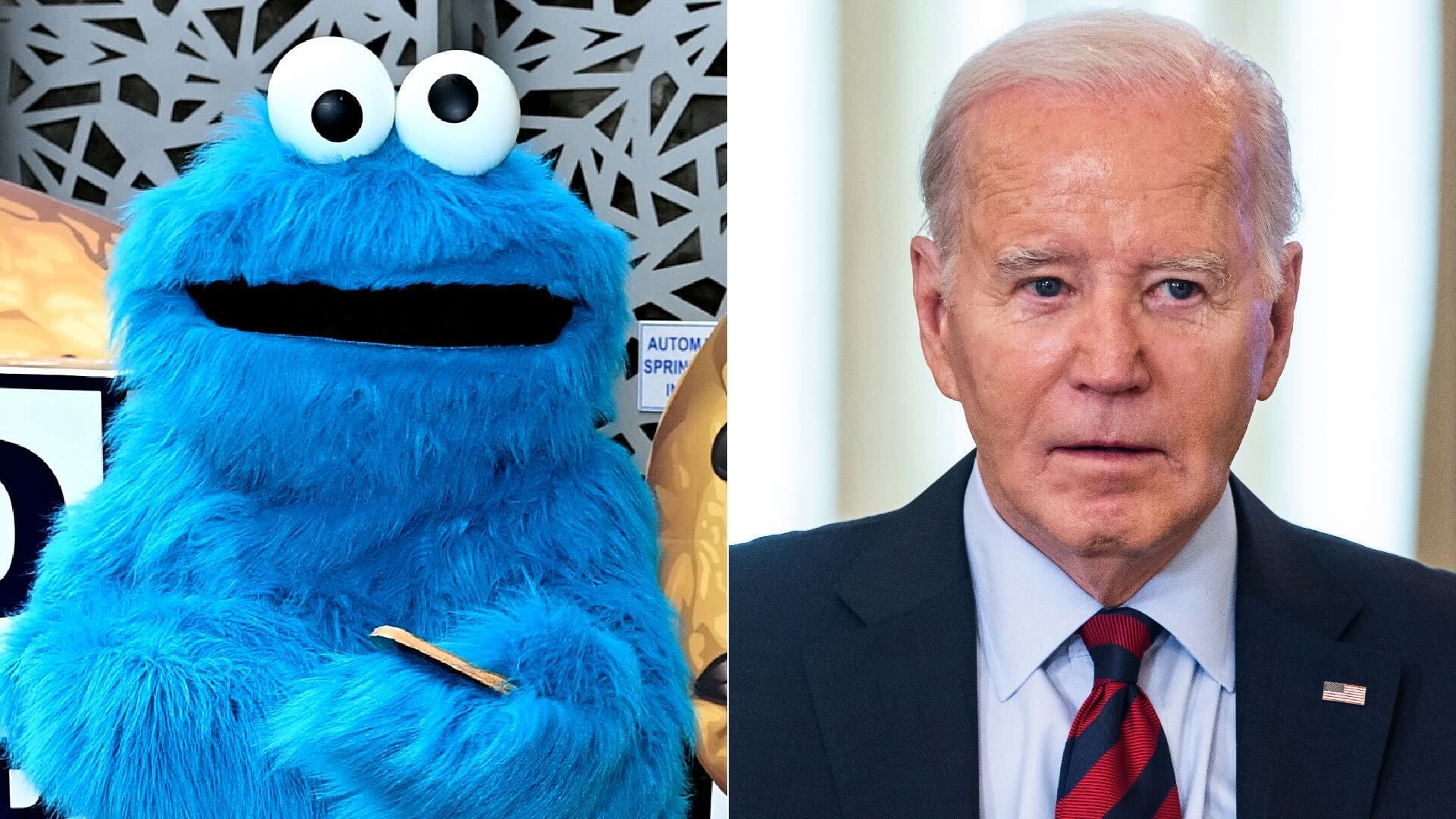 The Cookie Monster character in a split screen with President Joe Biden.