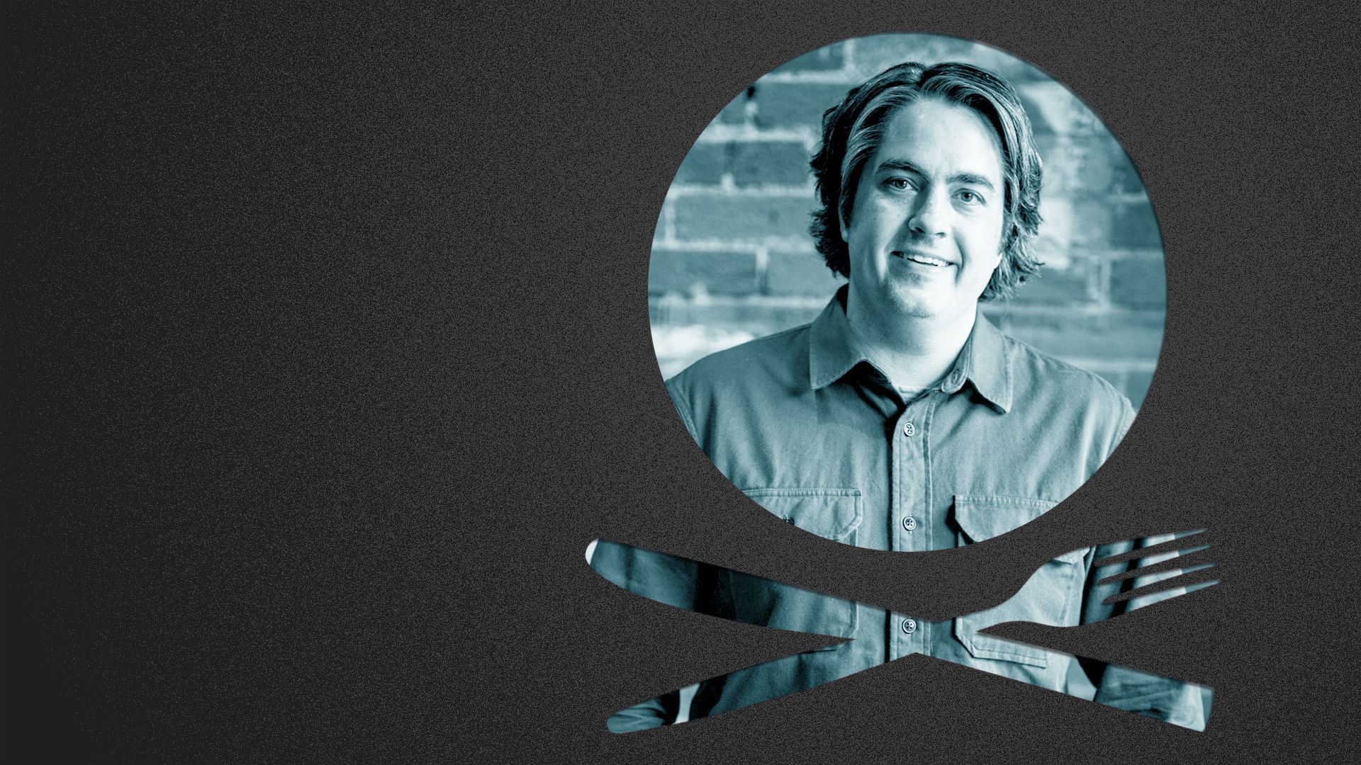 Photo illustration of a place setting shaped like a skull and crossbones containing a photo of Kasey Mills.