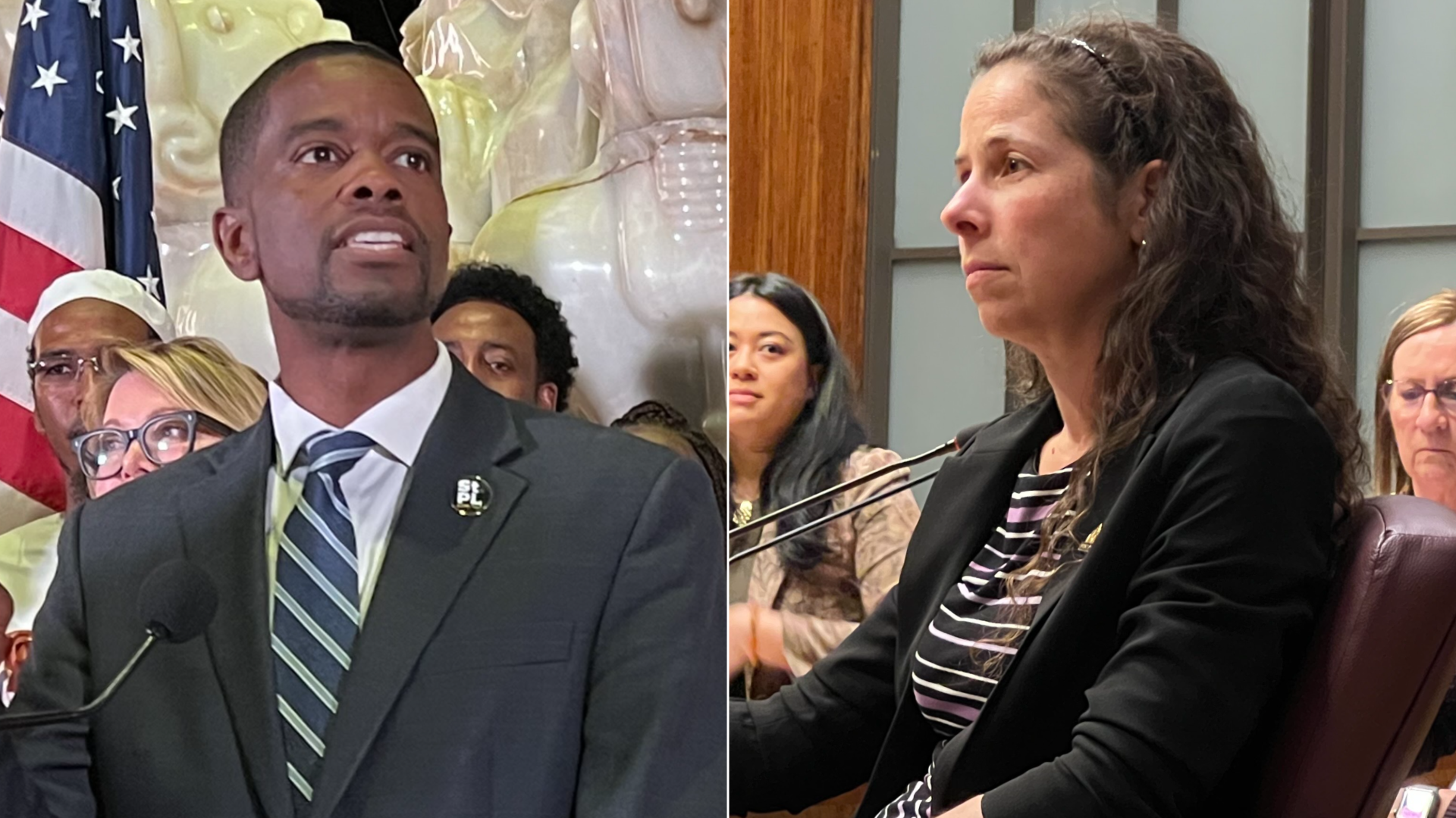 A side-by-side image of a man wearing a suit next to a woman wearing business casual wear at a city council table