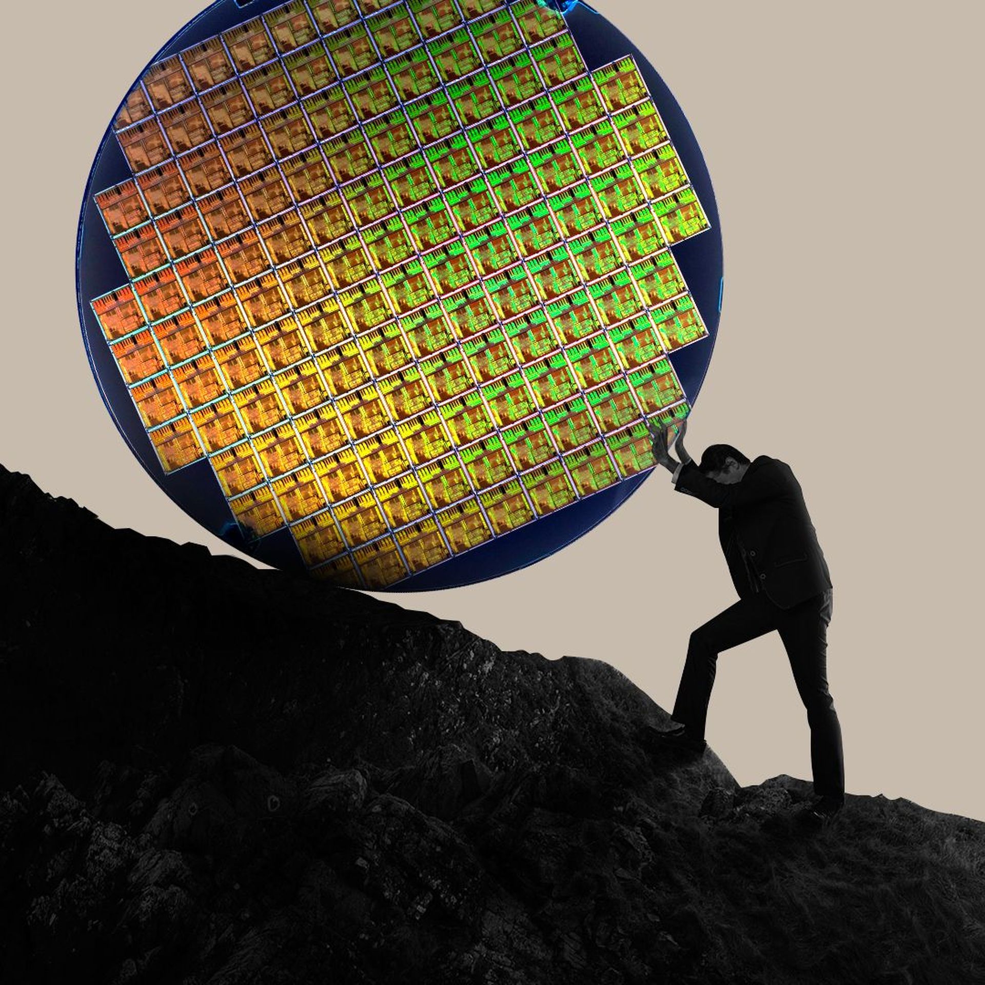 Illustration of a man struggling to push a giant semiconductor up a rocky mountain.   
