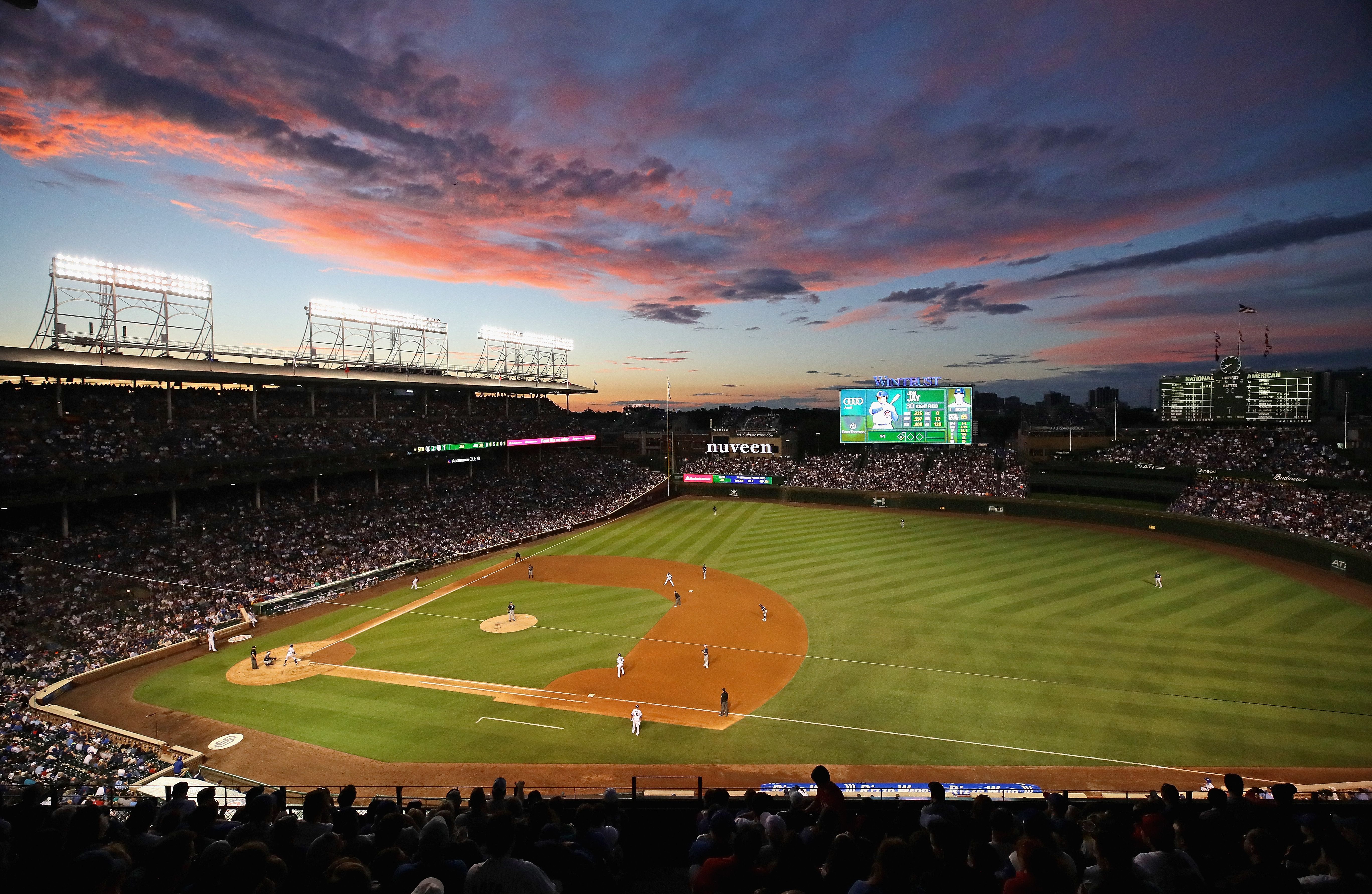 A general view of Wrigley Field at sunset.