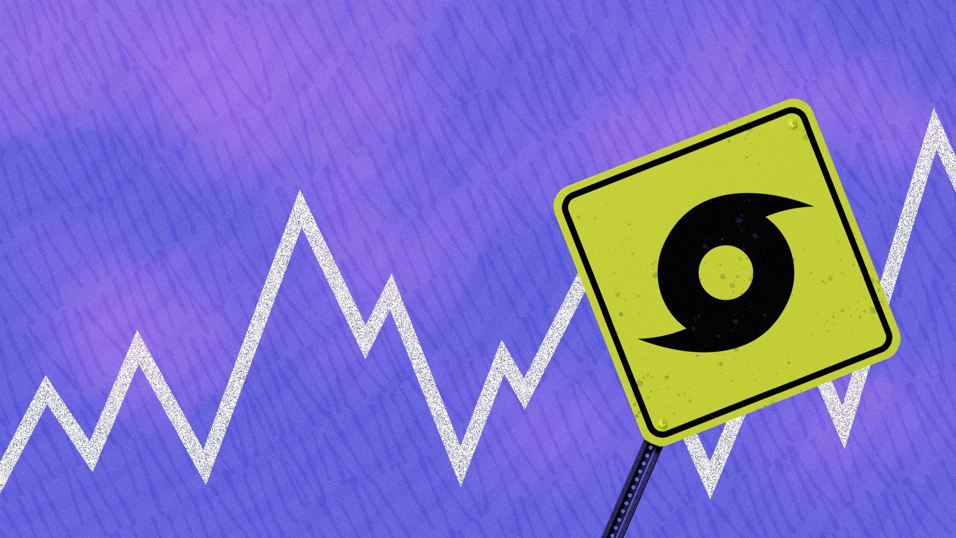 Illustration of a road sign with a hurricane icon on it in a storm