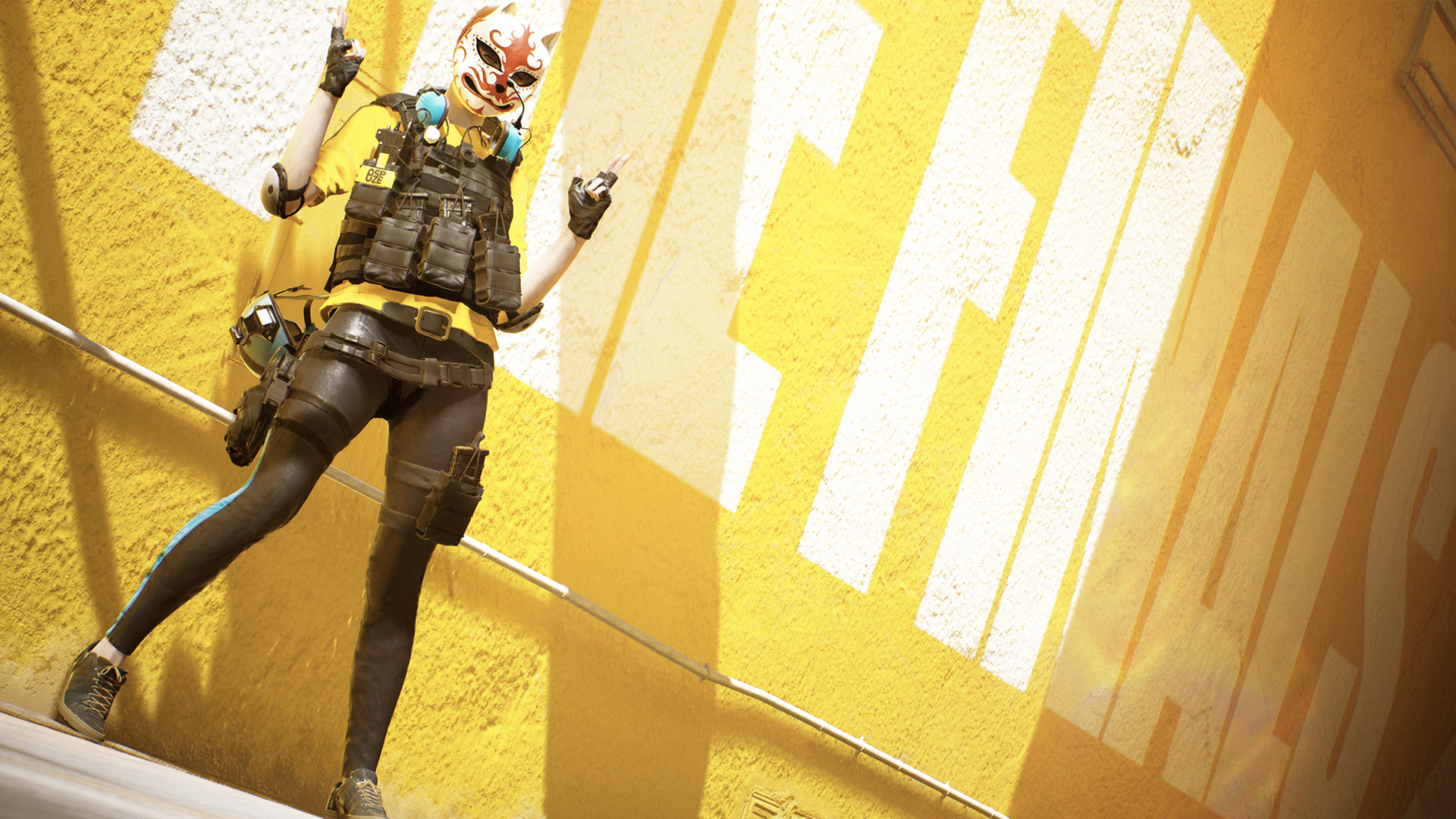 Video game screenshot of a masked character standing in front of a yellow wall