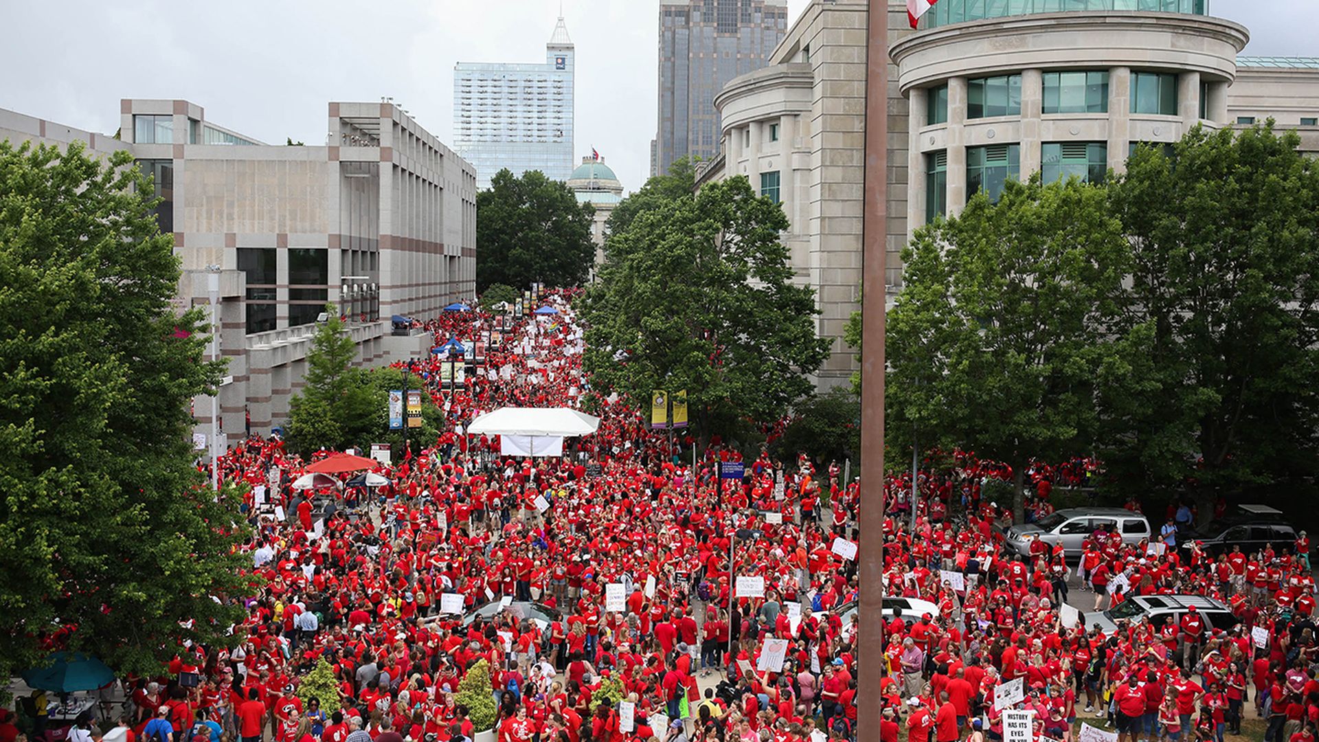 The sea of red from the teachers' march in Raleigh in 2018. Photo: Logan Cyrus / AFP via Getty Images
