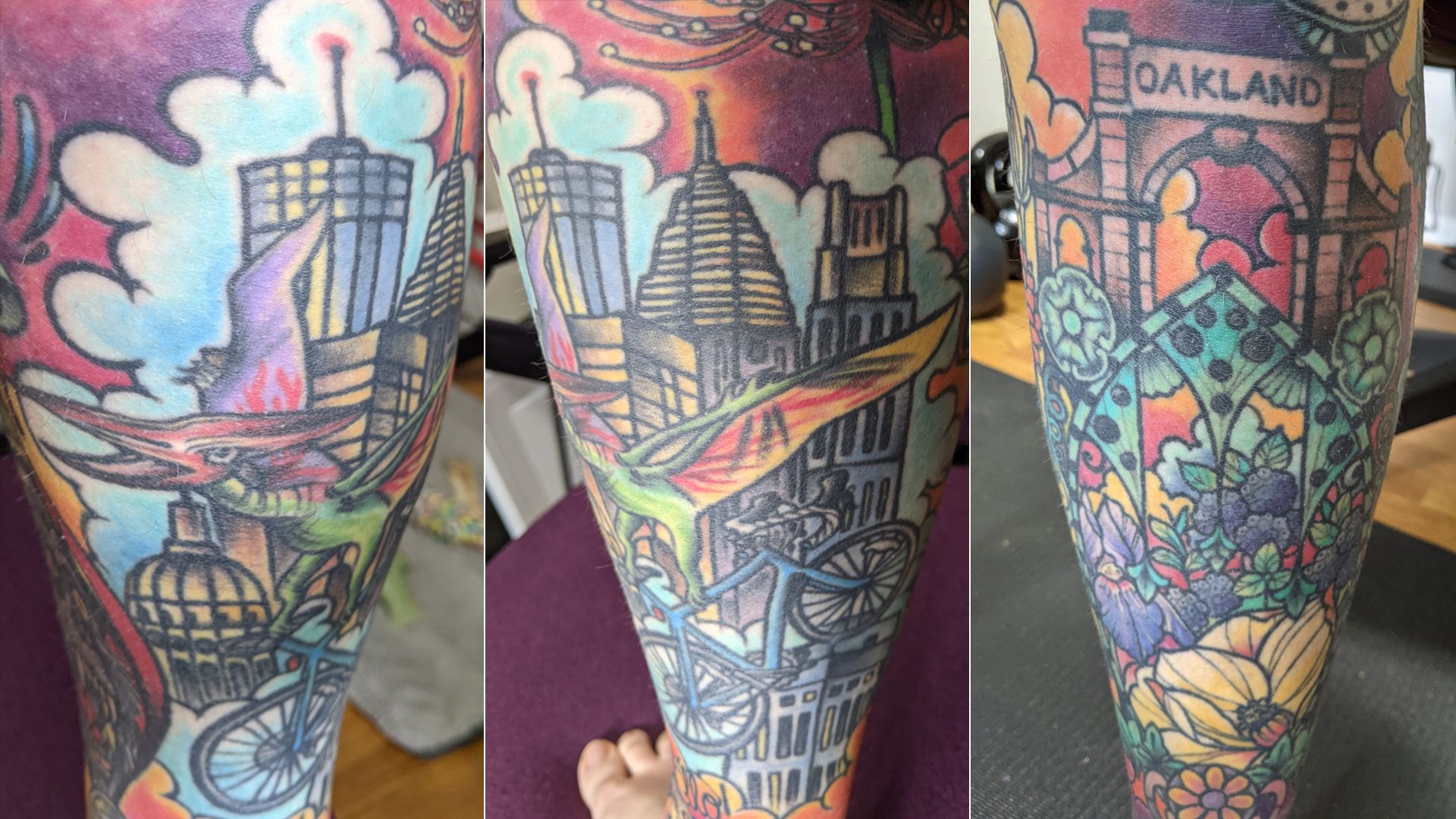 Detailed color tattoo of a dinosaur pulling a bicycle in front of the Atlanta skyline and another color tattoo of Oakland cemetery