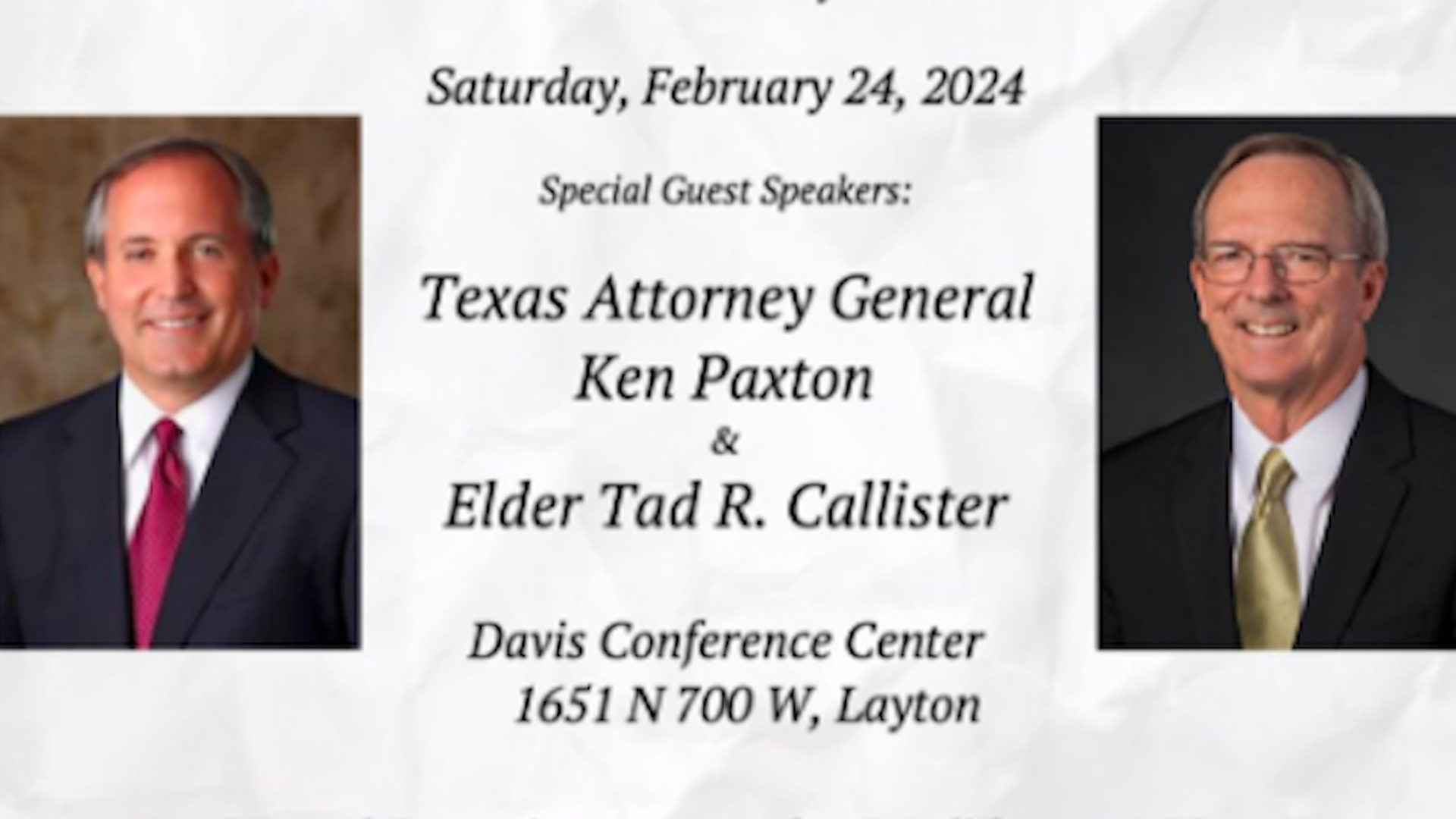 A flyer advertising Texas AG Ken Paxton and Latter-day Saint emeritus authority Elder Tad R. Callister as speakers at a Republican fundraiser