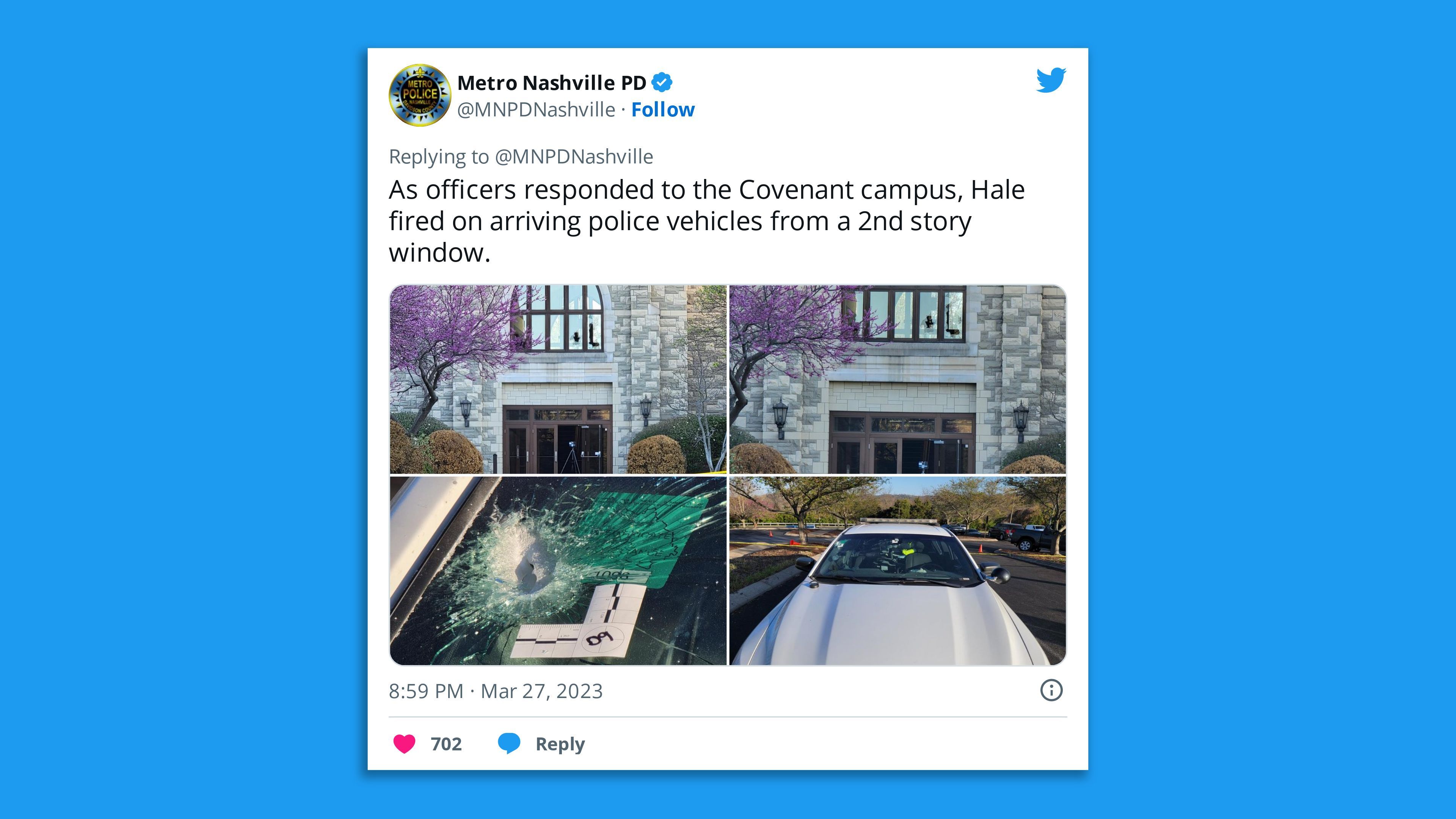 A screenshot of a Nashville police tweet on the school shooting stating, "As officers responded to the Covenant campus, Hale fired on arriving police vehicles from a 2nd story window."